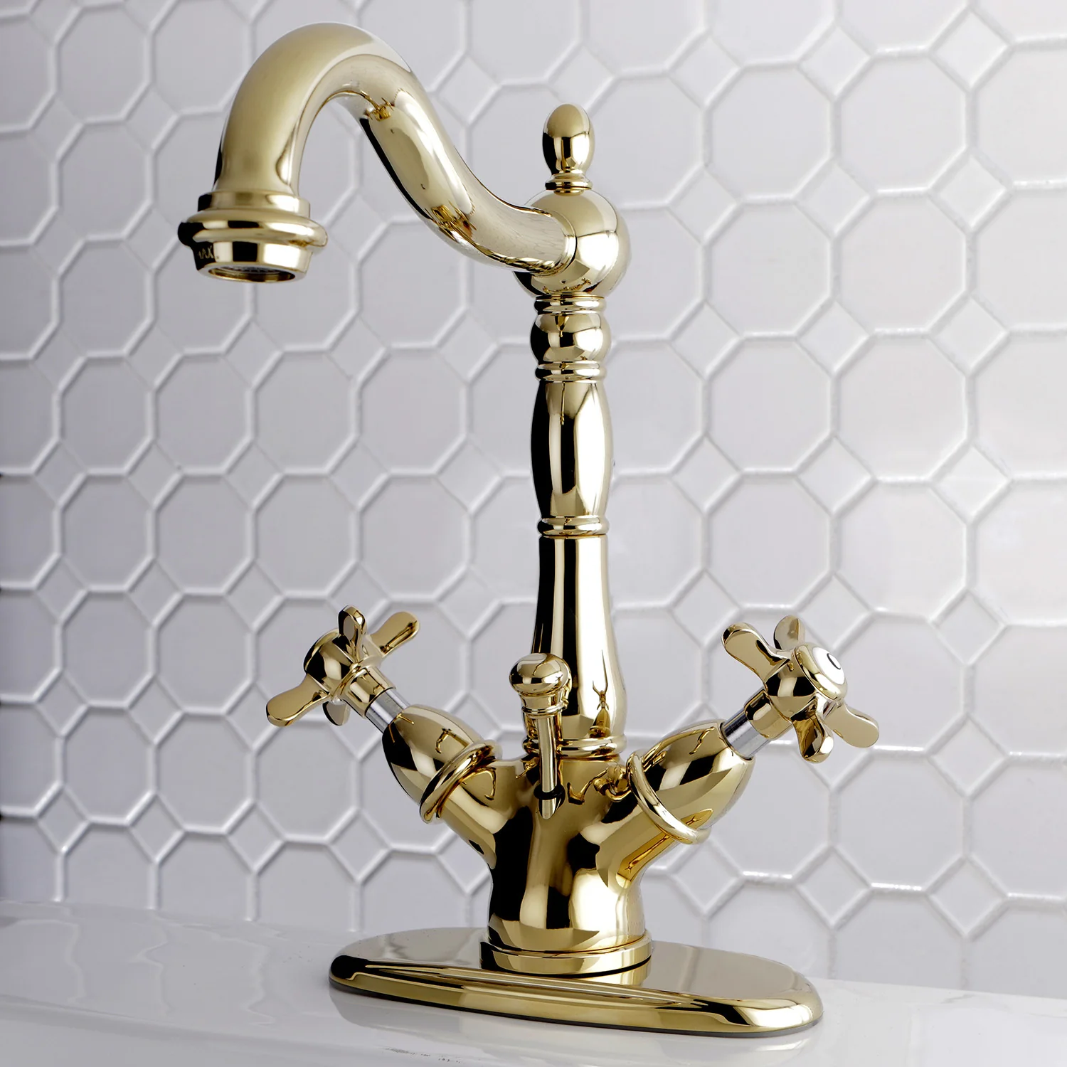 Kingston Heirloom KS1432BEX - Essex Double-Handle 1-or-3 Hole Deck Mount 4-Inch Centerset Bathroom Faucet with Brass Pop-Up, Polished Brass - Image 2