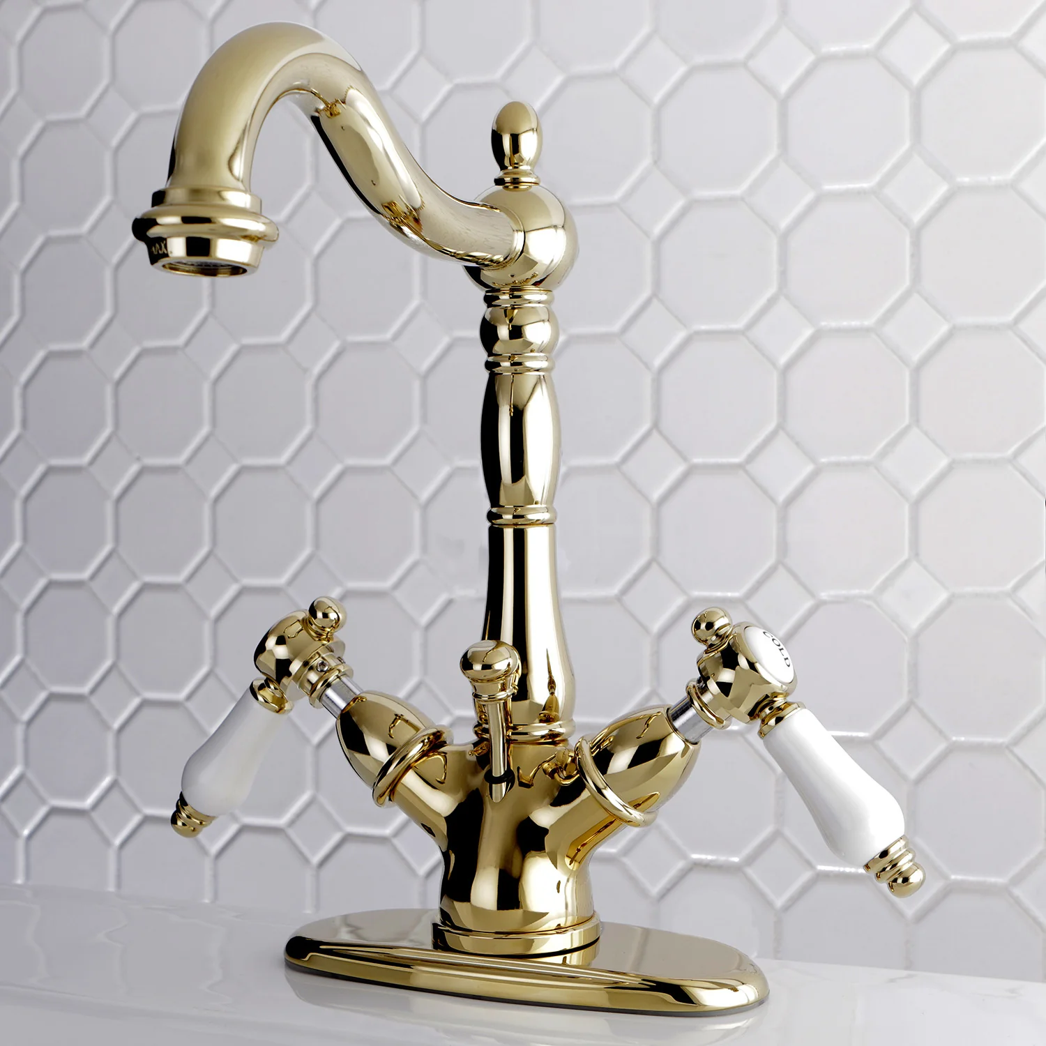 Kingston Heirloom KS1432BPL - Bel-Air Double-Handle 1-or-3 Hole Deck Mount 4-Inch Centerset Bathroom Faucet with Brass Pop-Up, Polished Brass - Image 2