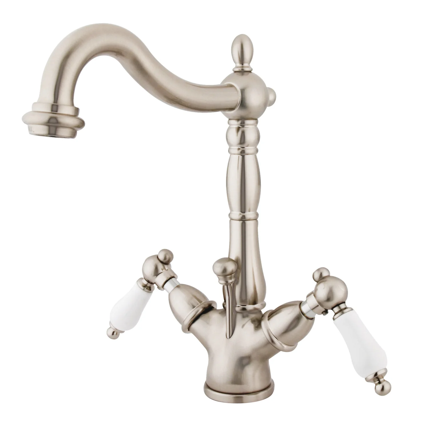 Kingston Heirloom KS1438PL - Heritage Double-Handle 1-or-3 Hole Deck Mount 4-Inch Centerset Bathroom Faucet with Brass Pop-Up, Brushed Nickel