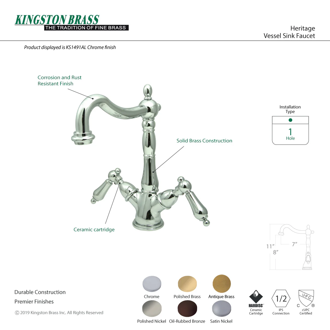 Kingston Heirloom KS1493AL - Heritage Two-Handle 1-or-3 Hole Deck Mount Vessel Faucet, Antique Brass - Image 6