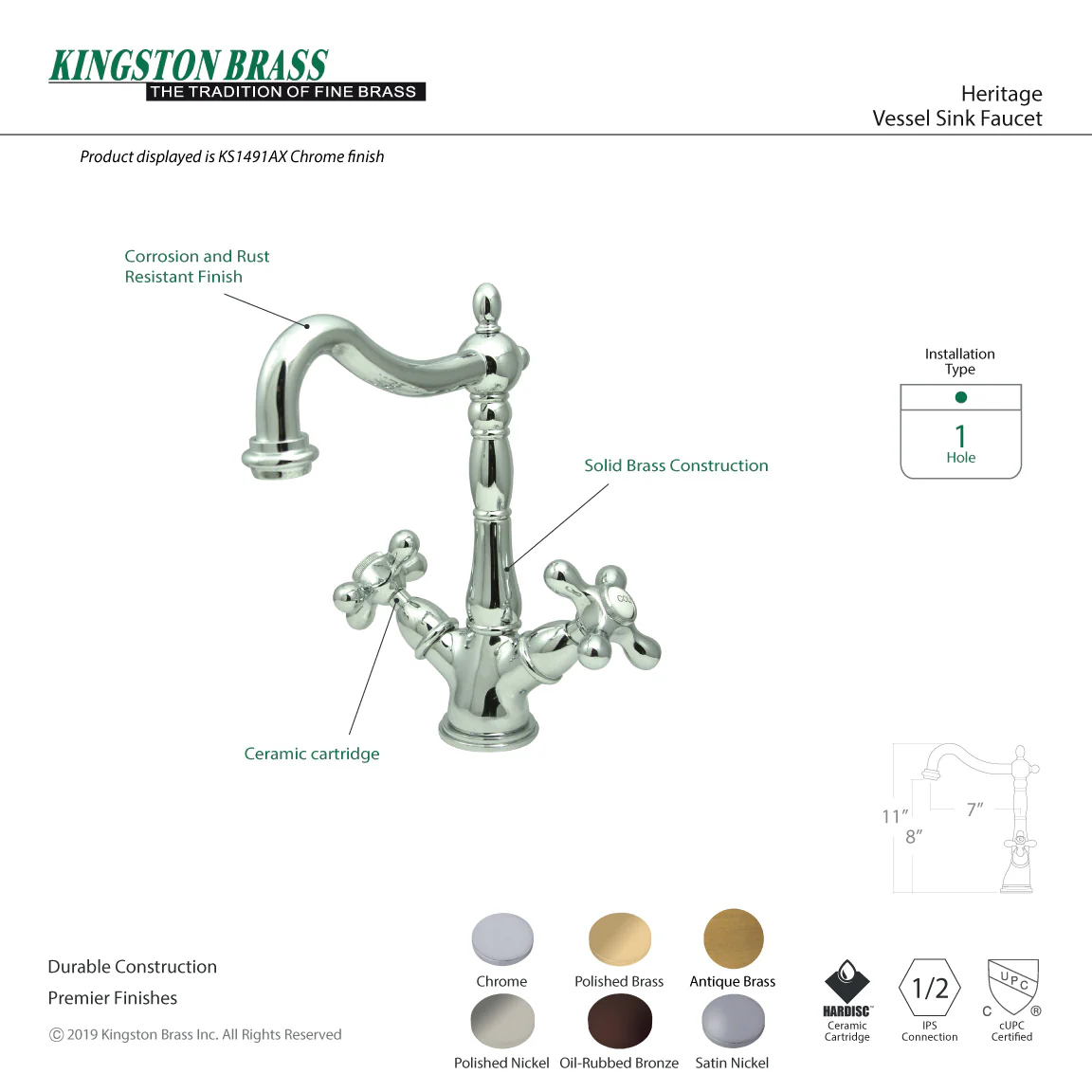 Kingston Heirloom KS1496AX - Heritage Two-Handle 1-or-3 Hole Deck Mount Vessel Faucet, Polished Nickel - Image 3