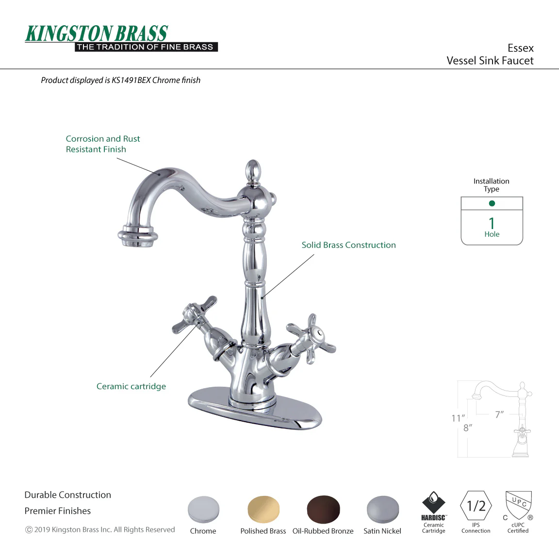 Kingston Heirloom KS1498BEX - Essex Two-Handle 1-or-3 Hole Deck Mount Vessel Faucet, Brushed Nickel - Image 3