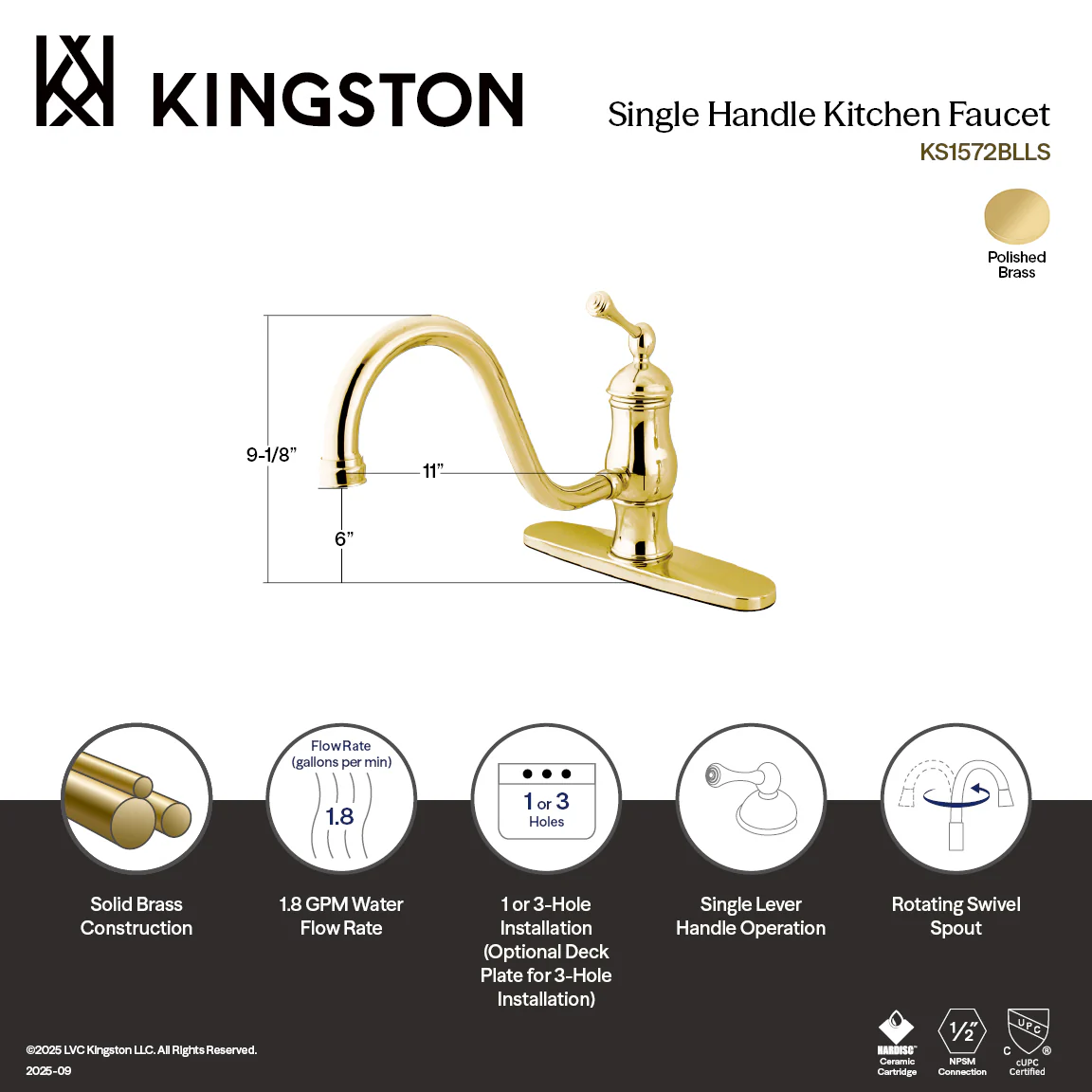 Kingston Heirloom KS1572BLLS - Heritage Single-Handle 1-or-3 Hole Kitchen Faucet, Polished Brass - Image 2