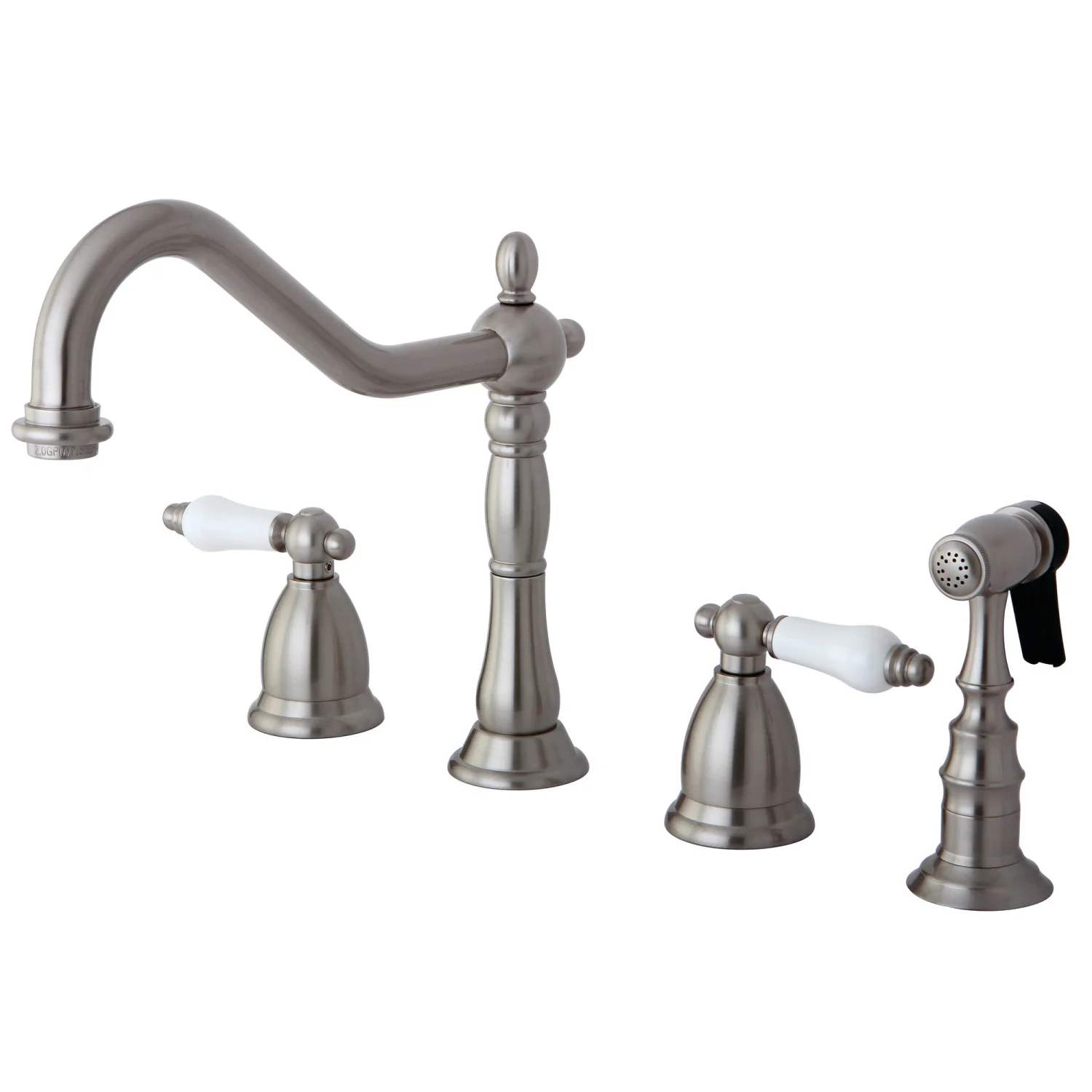 Kingston Heirloom KS1798PLBS - Heritage Double-Handle 4-Hole Widespread Kitchen Faucet with Brass Sprayer, Brushed Nickel