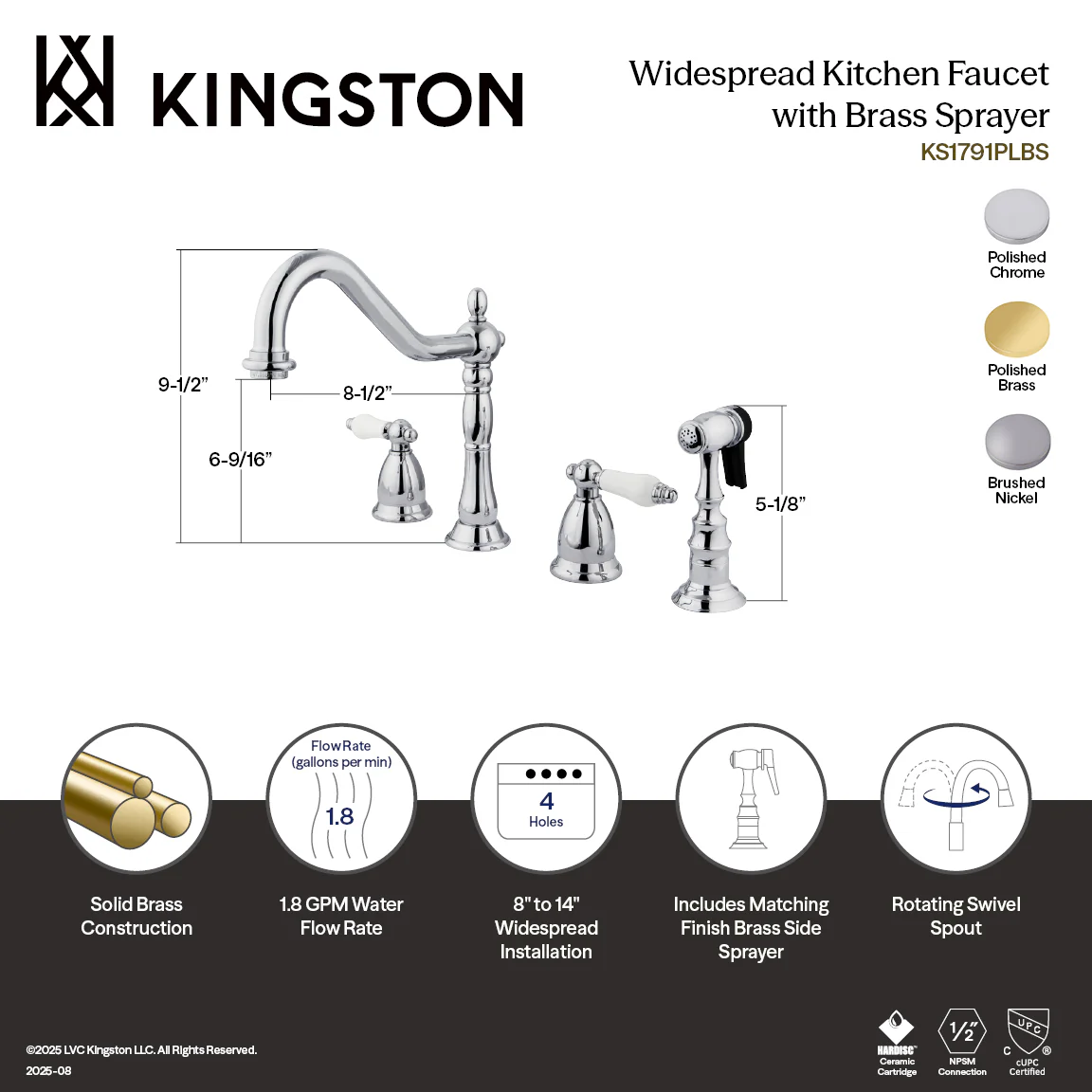 Kingston Heirloom KS1798PLBS - Heritage Double-Handle 4-Hole Widespread Kitchen Faucet with Brass Sprayer, Brushed Nickel - Image 2