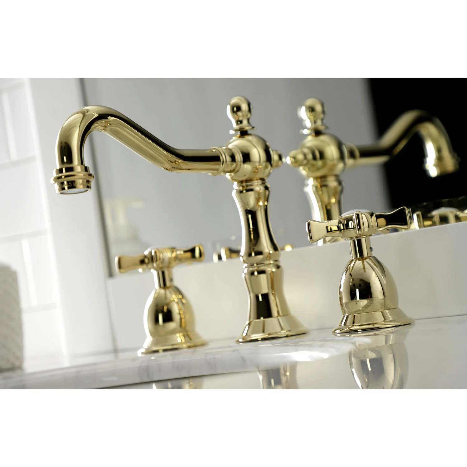 Kingston Heirloom KS1972NX - Hamilton Two-Handle 3-Hole Deck Mount Widespread Bathroom Faucet with Brass Pop-Up, Polished Brass - Image 4