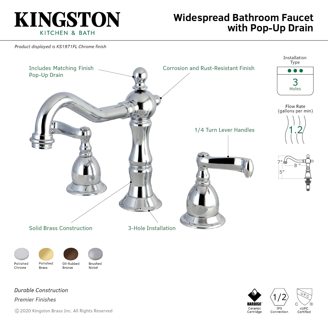Kingston Heirloom KS1975FL - Heritage Two-Handle 3-Hole Deck Mount Widespread Bathroom Faucet with Brass Pop-Up, Oil Rubbed Bronze - Image 2