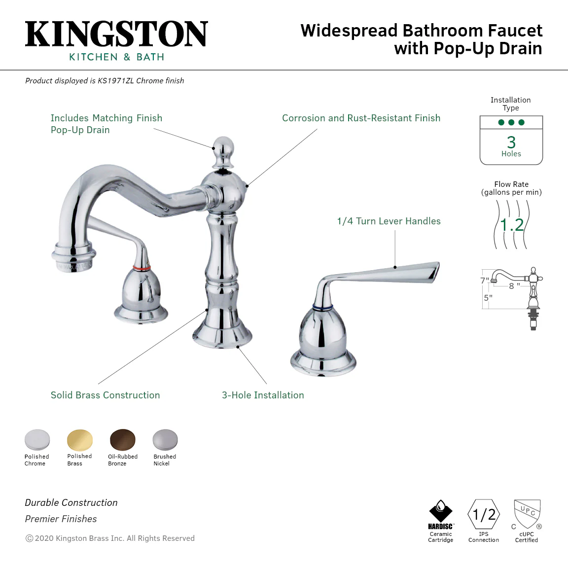 Kingston Heirloom KS1975ZL - Silver Sage Two-Handle 3-Hole Deck Mount Widespread Bathroom Faucet with Brass Pop-Up, Oil Rubbed Bronze - Image 3