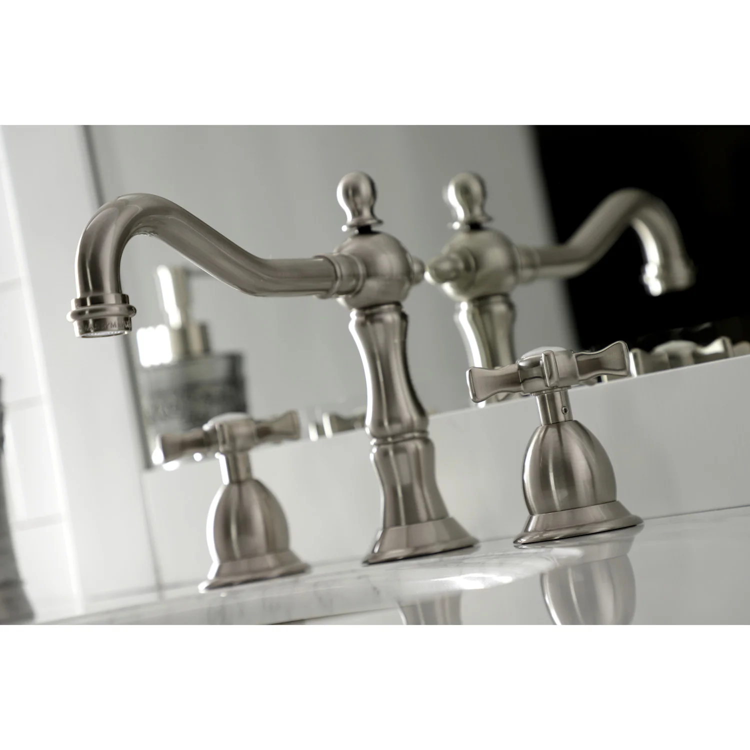 Kingston Heirloom KS1978NX - Hamilton Two-Handle 3-Hole Deck Mount Widespread Bathroom Faucet with Brass Pop-Up, Brushed Nickel - Image 4