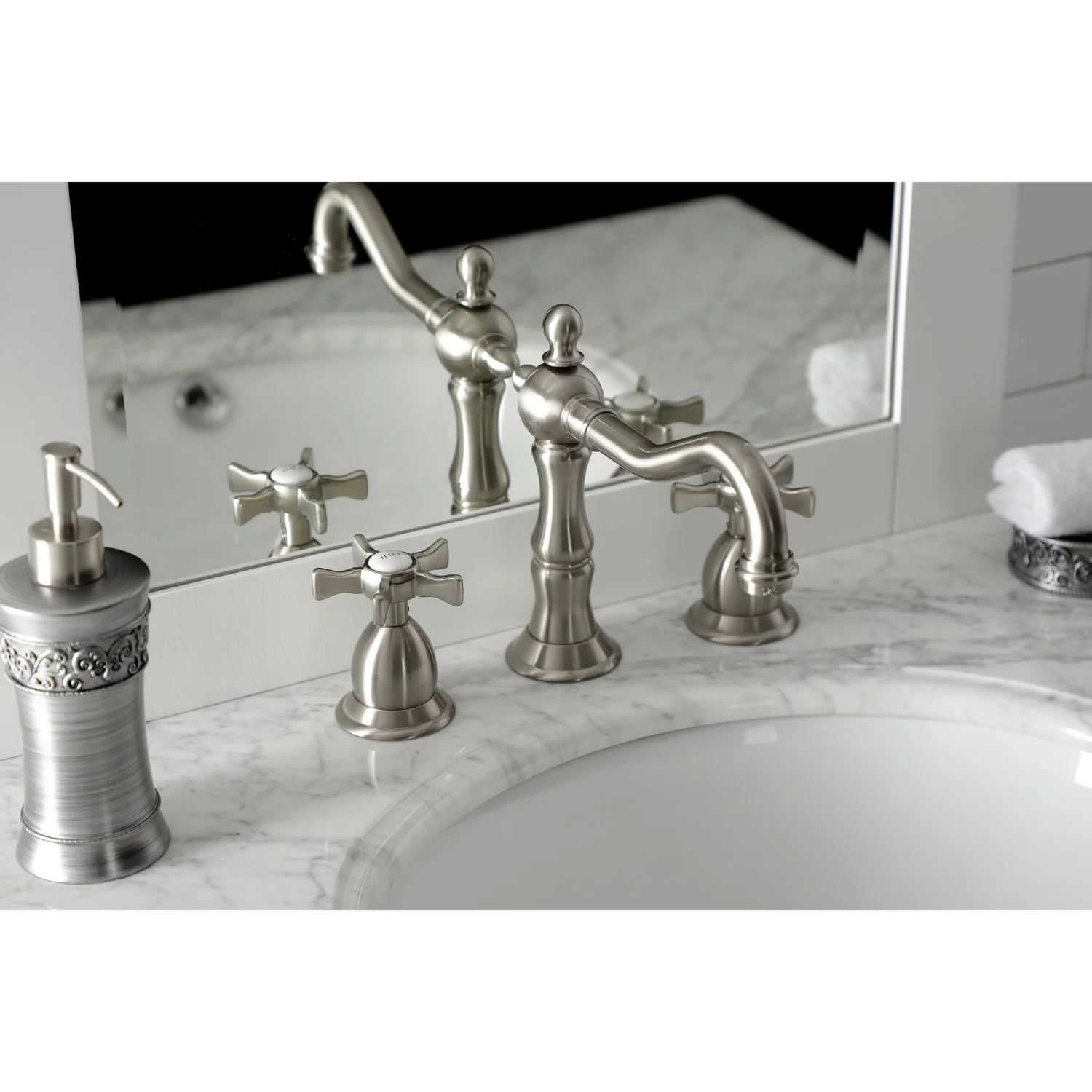 Kingston Heirloom KS1978NX - Hamilton Two-Handle 3-Hole Deck Mount Widespread Bathroom Faucet with Brass Pop-Up, Brushed Nickel - Image 5