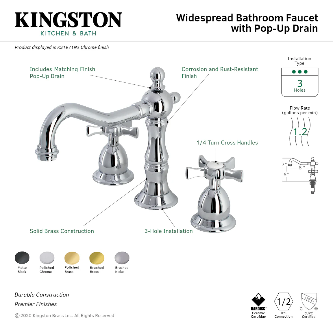 Kingston Heirloom KS1978NX - Hamilton Two-Handle 3-Hole Deck Mount Widespread Bathroom Faucet with Brass Pop-Up, Brushed Nickel - Image 7