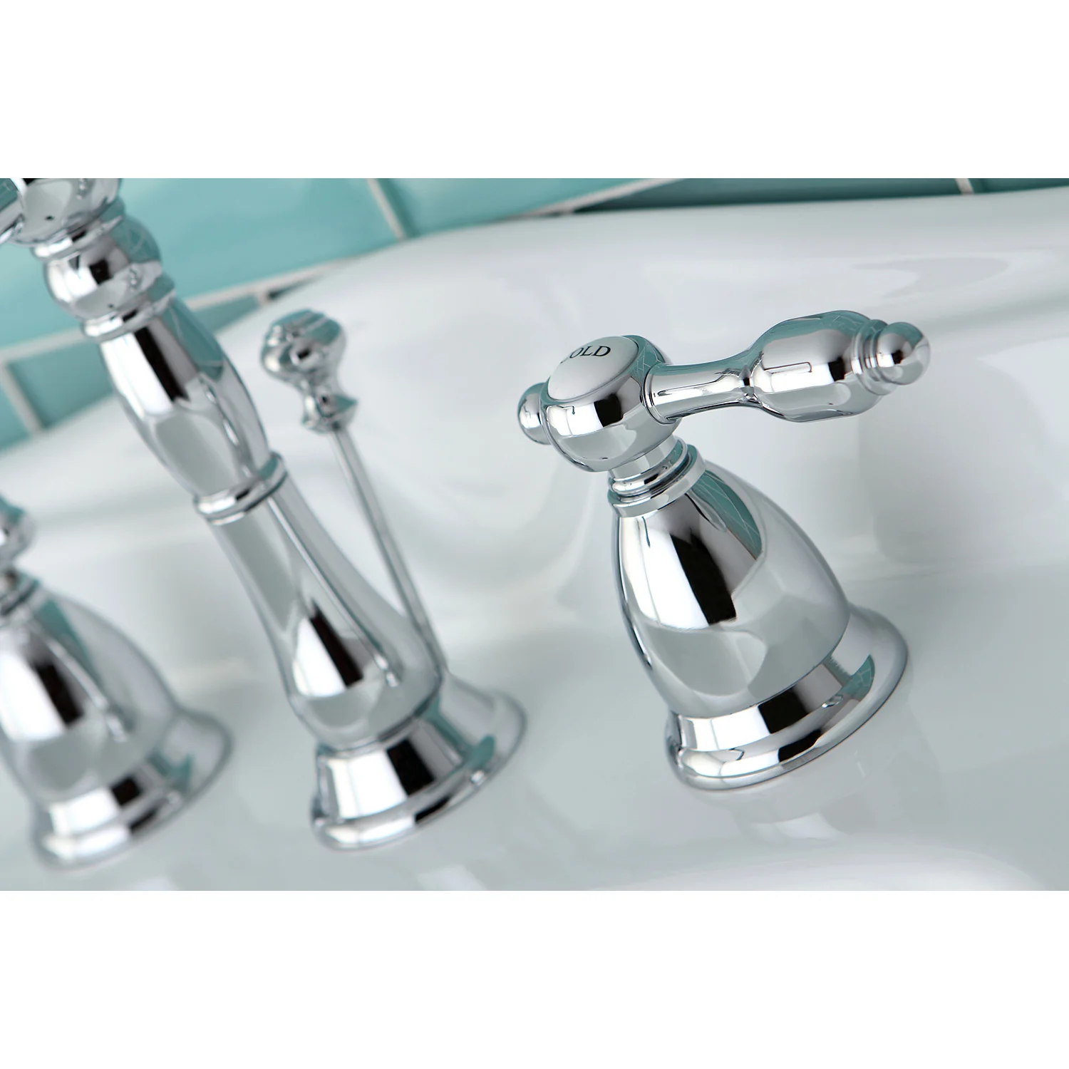 Kingston Heirloom KS1991TAL - Tudor Two-Handle 3-Hole Deck Mount Widespread Bathroom Faucet with Brass Pop-Up, Polished Chrome - Image 2