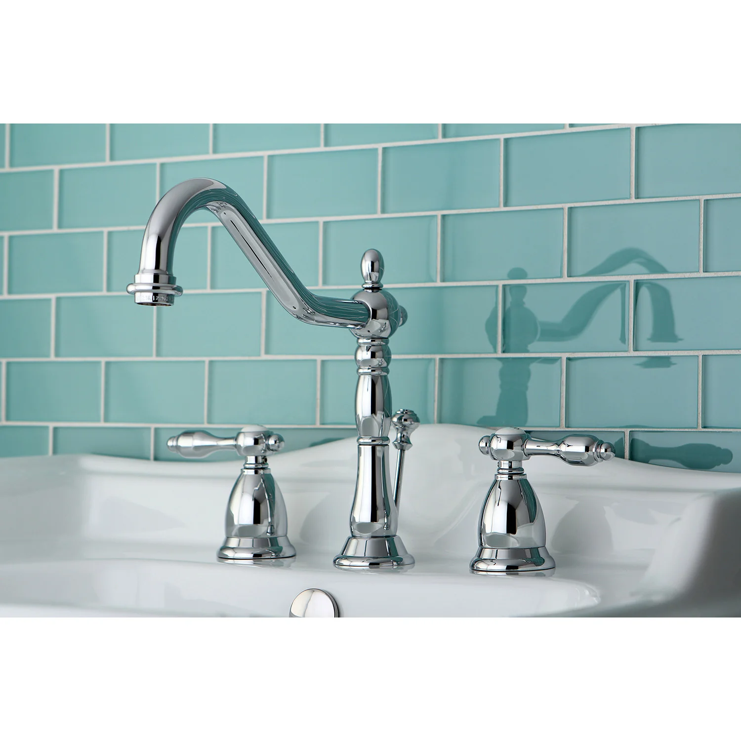 Kingston Heirloom KS1991TAL - Tudor Two-Handle 3-Hole Deck Mount Widespread Bathroom Faucet with Brass Pop-Up, Polished Chrome - Image 3
