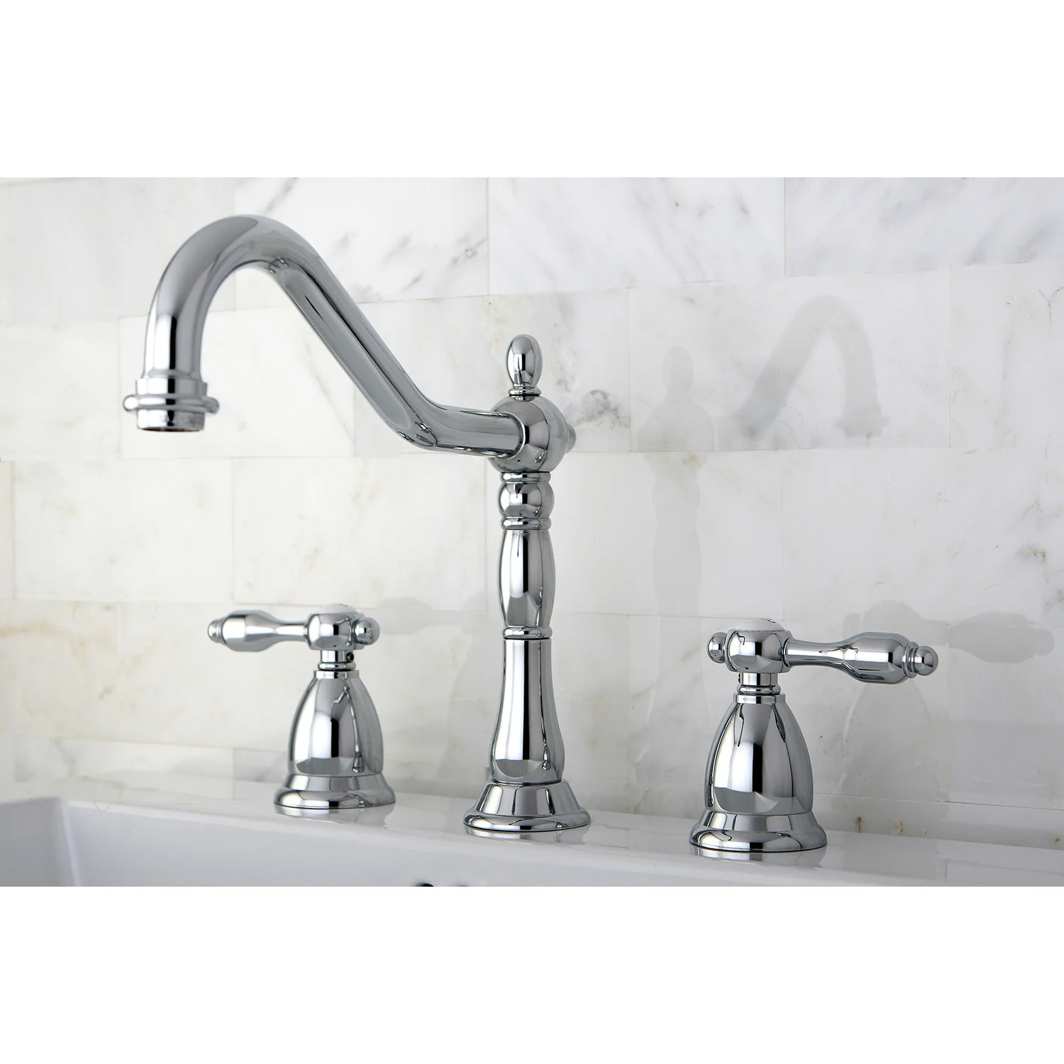 Kingston Heirloom KS1991TAL - Tudor Two-Handle 3-Hole Deck Mount Widespread Bathroom Faucet with Brass Pop-Up, Polished Chrome - Image 4