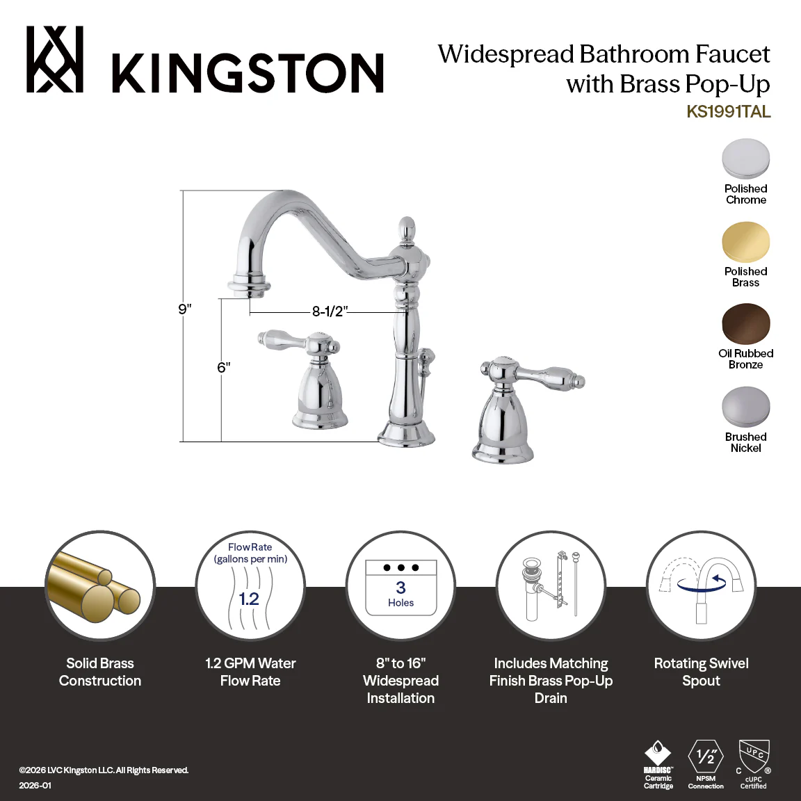 Kingston Heirloom KS1991TAL - Tudor Two-Handle 3-Hole Deck Mount Widespread Bathroom Faucet with Brass Pop-Up, Polished Chrome - Image 5