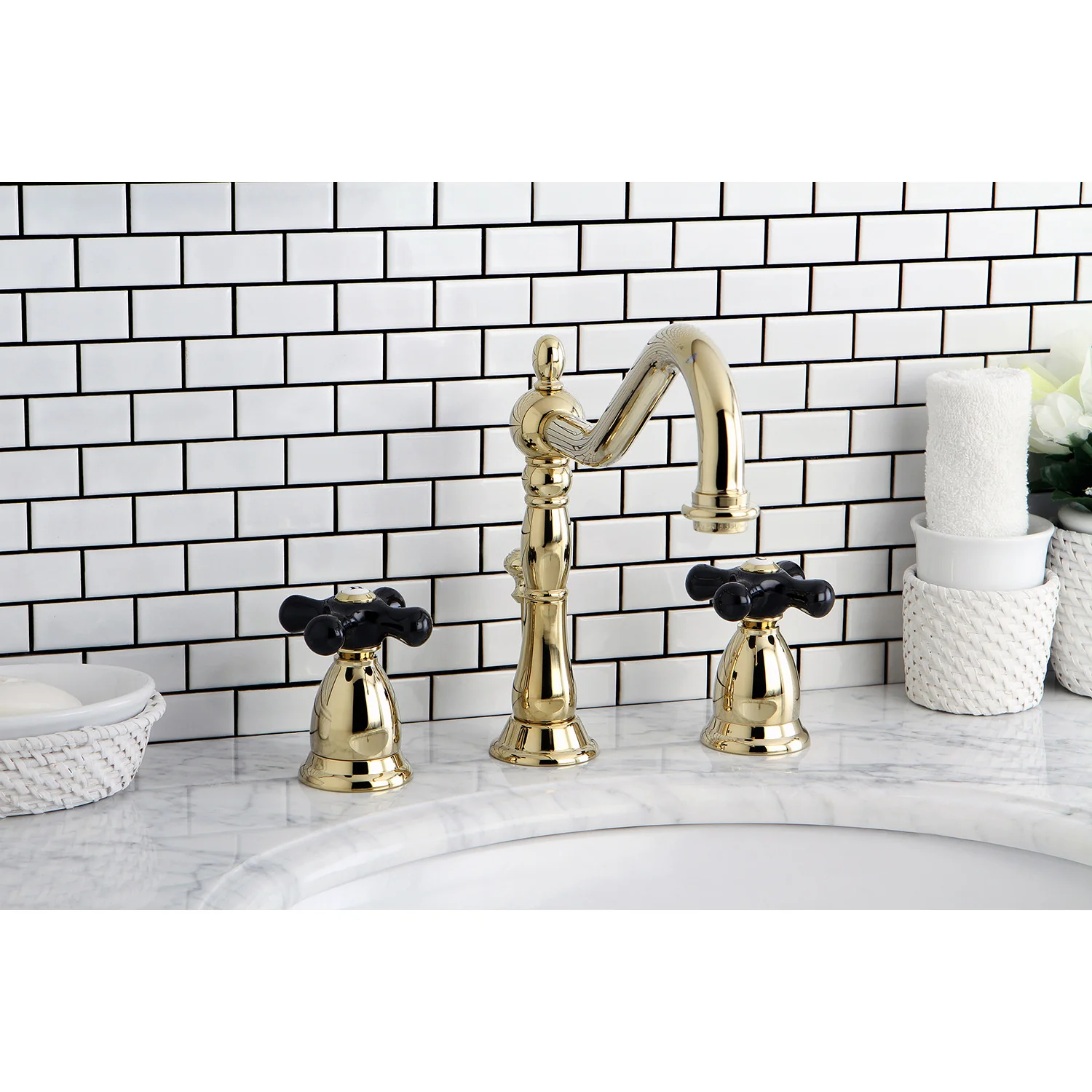 Kingston Heirloom KS1992PKX - Duchess Two-Handle 3-Hole Deck Mount Widespread Bathroom Faucet with Brass Pop-Up, Polished Brass - Image 2