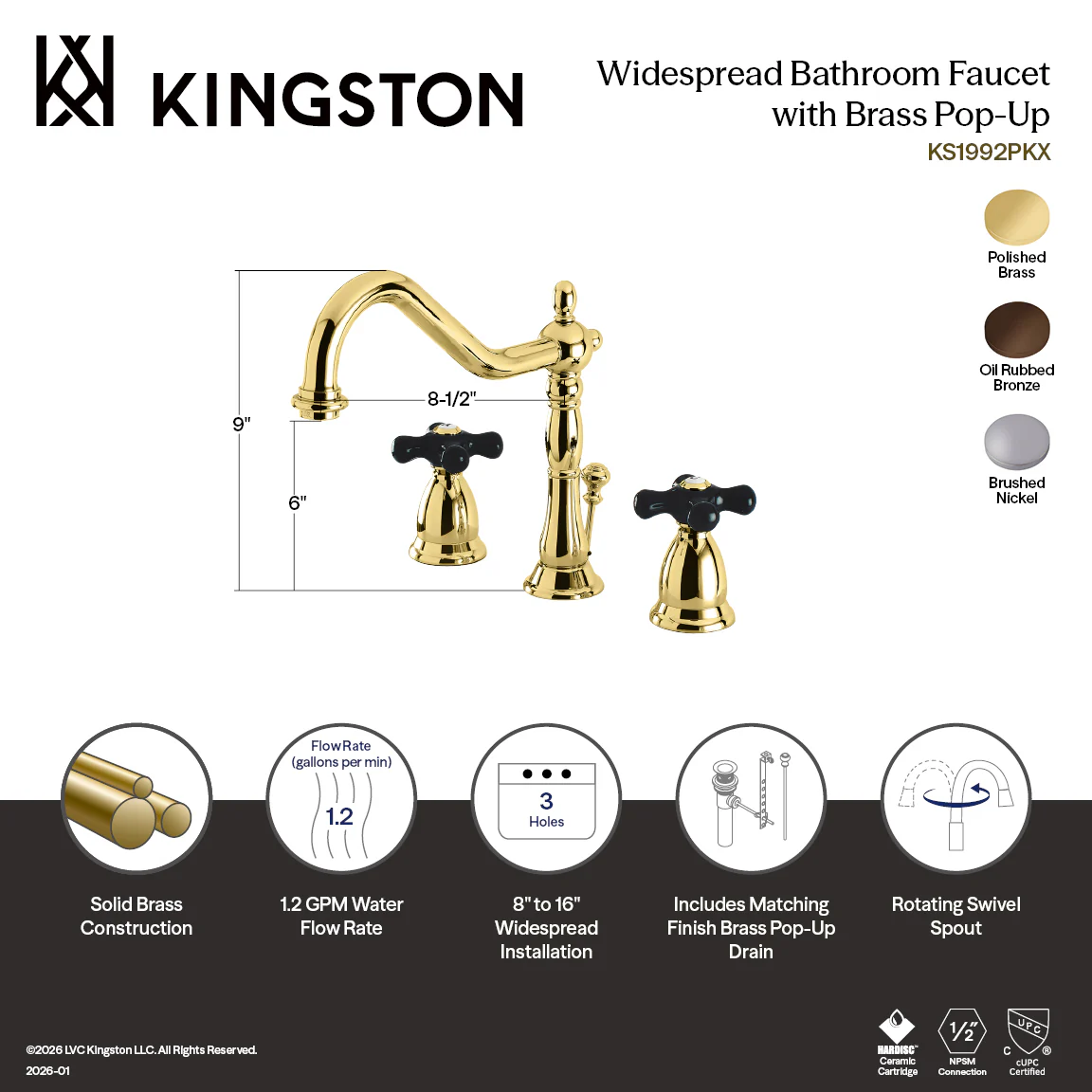 Kingston Heirloom KS1995PKX - Duchess Two-Handle 3-Hole Deck Mount Widespread Bathroom Faucet with Brass Pop-Up, Oil Rubbed Bronze - Image 3