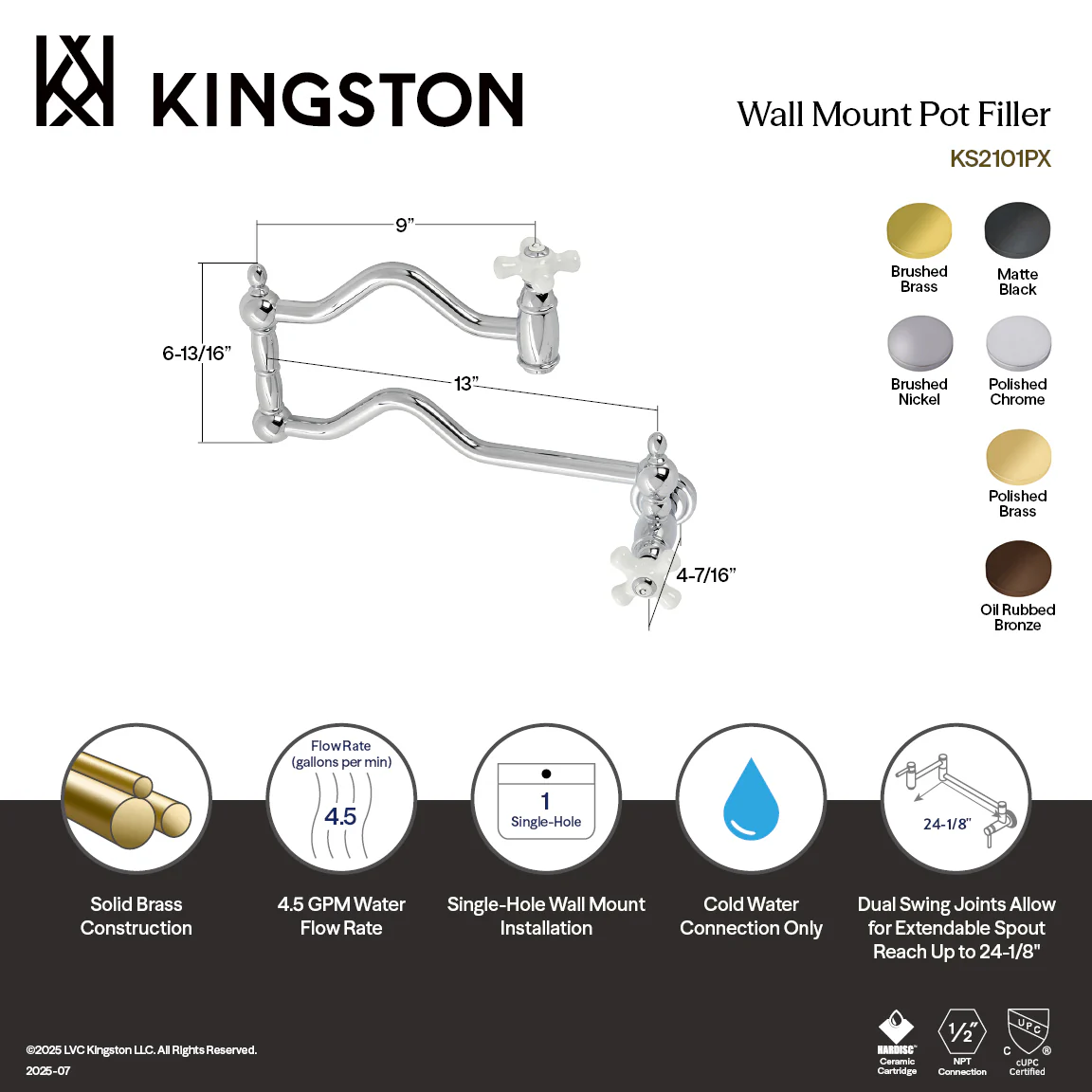 Kingston Heirloom KS2100PX - Heritage Two-Handle 1-Hole Wall Mount Pot Filler Faucet, Matte Black - Image 5