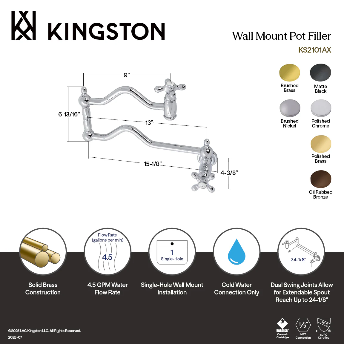 Kingston Heirloom KS2105AX - Heritage Two-Handle 1-Hole Wall Mount Pot Filler Faucet, Oil Rubbed Bronze - Image 5