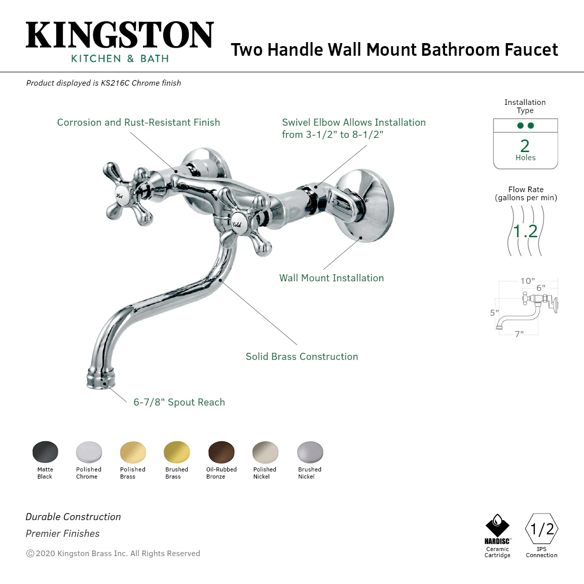Kingston Heirloom KS216ORB - Kingston Double-Handle 2-Hole Wall Mount Bathroom Faucet, Oil Rubbed Bronze - Image 7