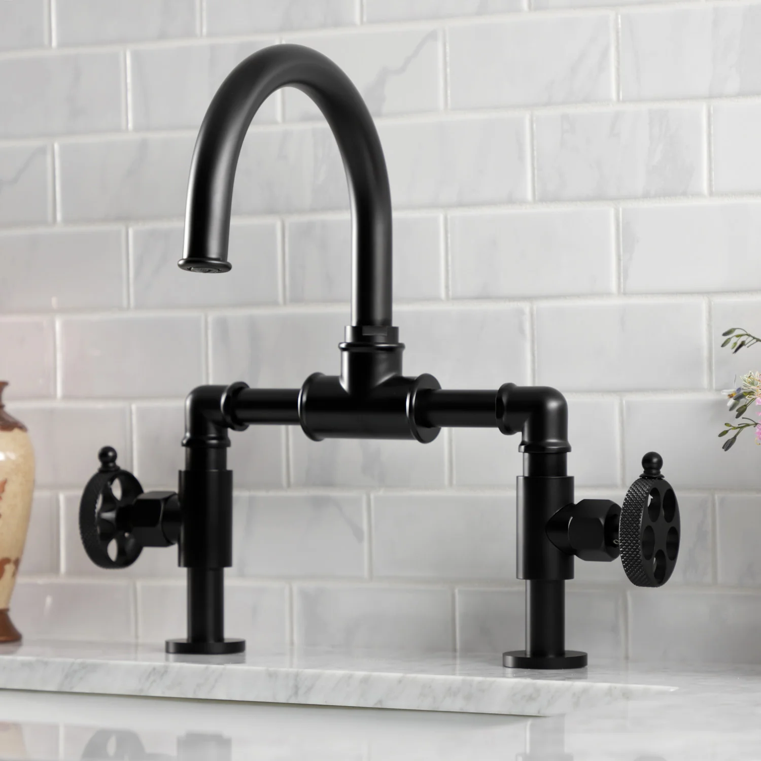 Kingston Sona KS2170RKX - Webb Two-Handle 2-Hole Deck Mount Bridge Bathroom Faucet with Knurled Handle and Push Pop-Up Drain, Matte Black - Image 3