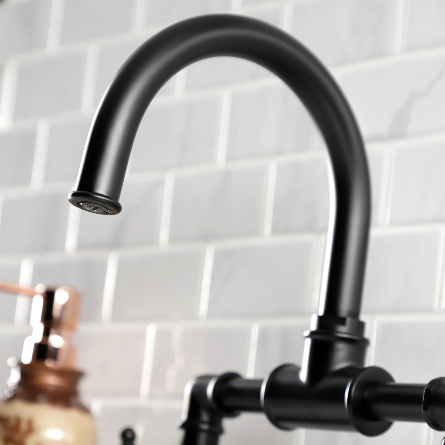 Kingston Sona KS2170RKX - Webb Two-Handle 2-Hole Deck Mount Bridge Bathroom Faucet with Knurled Handle and Push Pop-Up Drain, Matte Black - Image 5