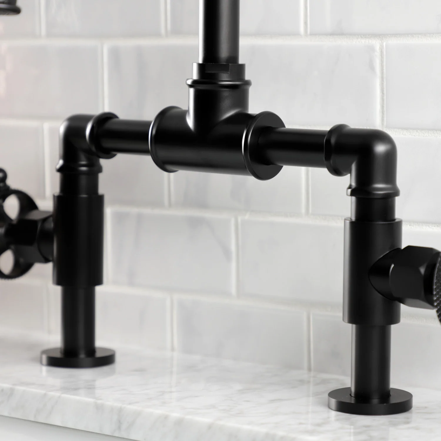 Kingston Sona KS2170RKX - Webb Two-Handle 2-Hole Deck Mount Bridge Bathroom Faucet with Knurled Handle and Push Pop-Up Drain, Matte Black - Image 6