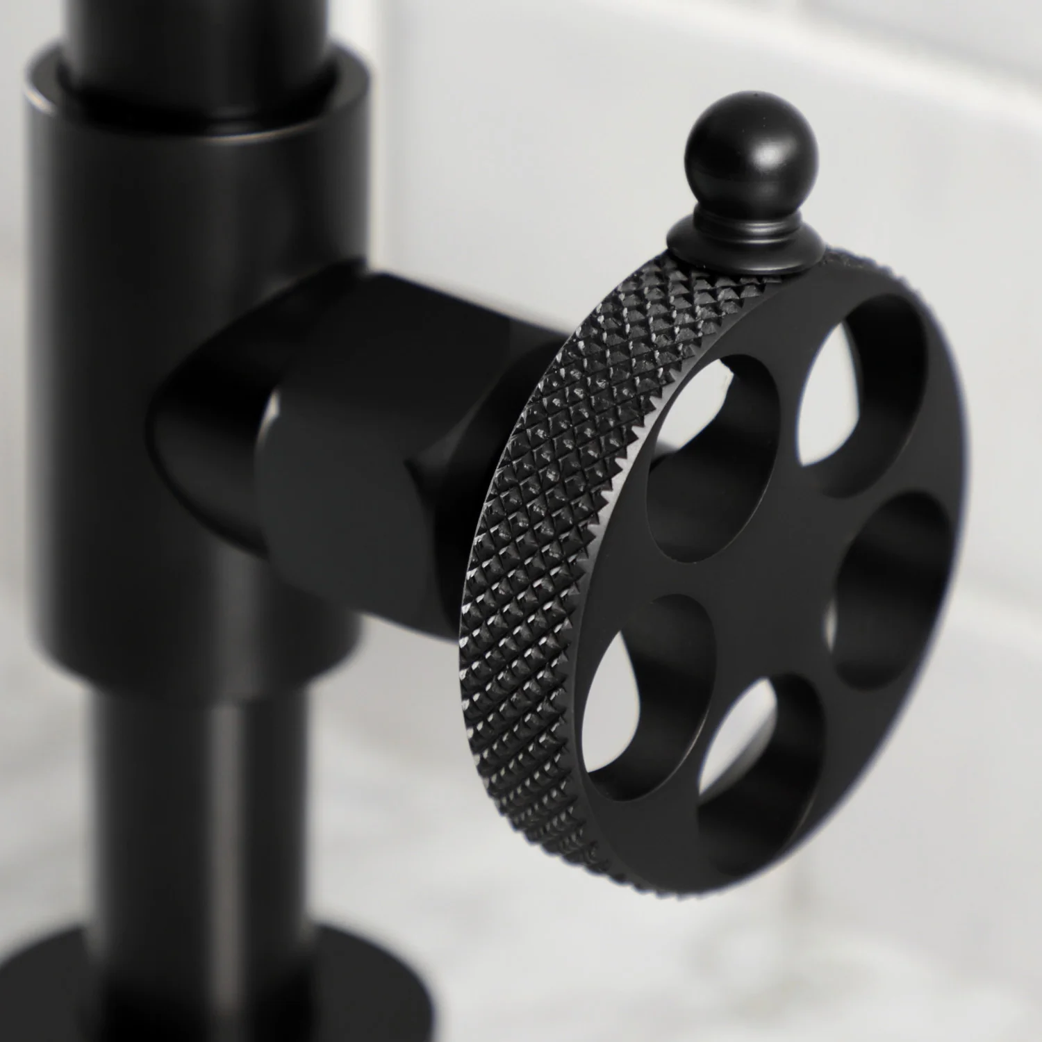 Kingston Sona KS2170RKX - Webb Two-Handle 2-Hole Deck Mount Bridge Bathroom Faucet with Knurled Handle and Push Pop-Up Drain, Matte Black - Image 7
