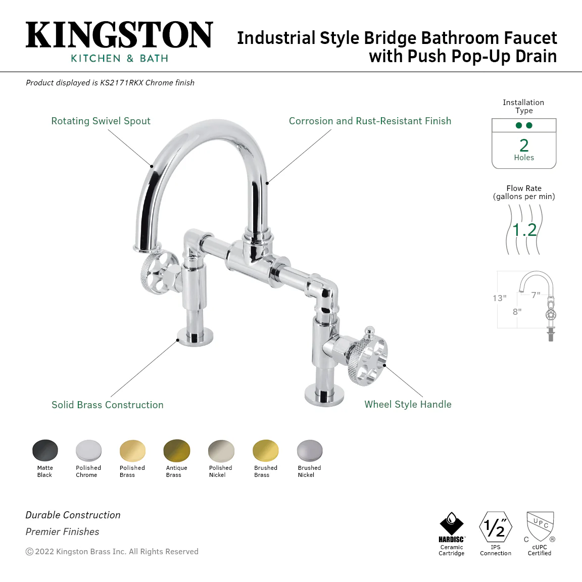 Kingston Sona KS2170RKX - Webb Two-Handle 2-Hole Deck Mount Bridge Bathroom Faucet with Knurled Handle and Push Pop-Up Drain, Matte Black - Image 8