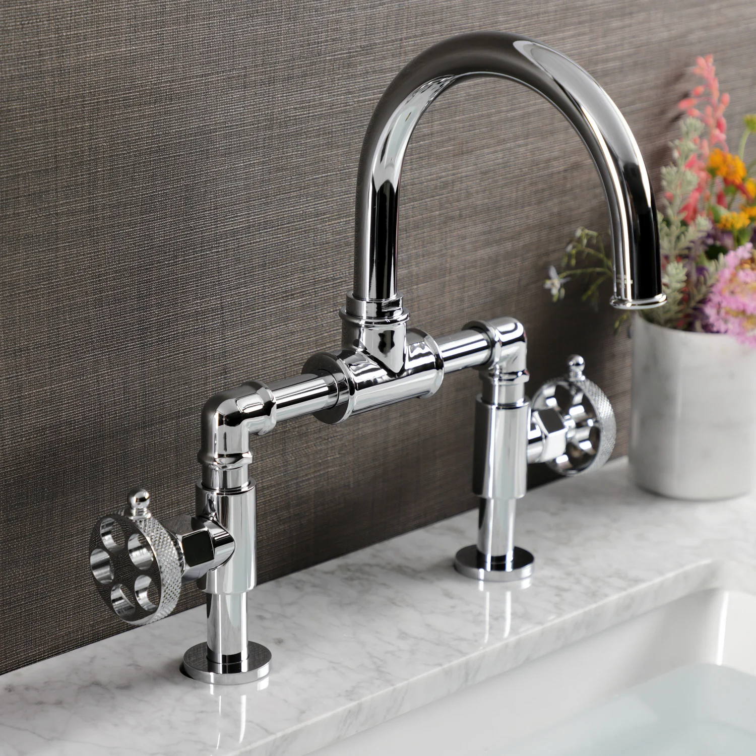 Kingston Sona KS2171RKX - Webb Two-Handle 2-Hole Deck Mount Bridge Bathroom Faucet with Knurled Handle and Push Pop-Up Drain, Polished Chrome - Image 4
