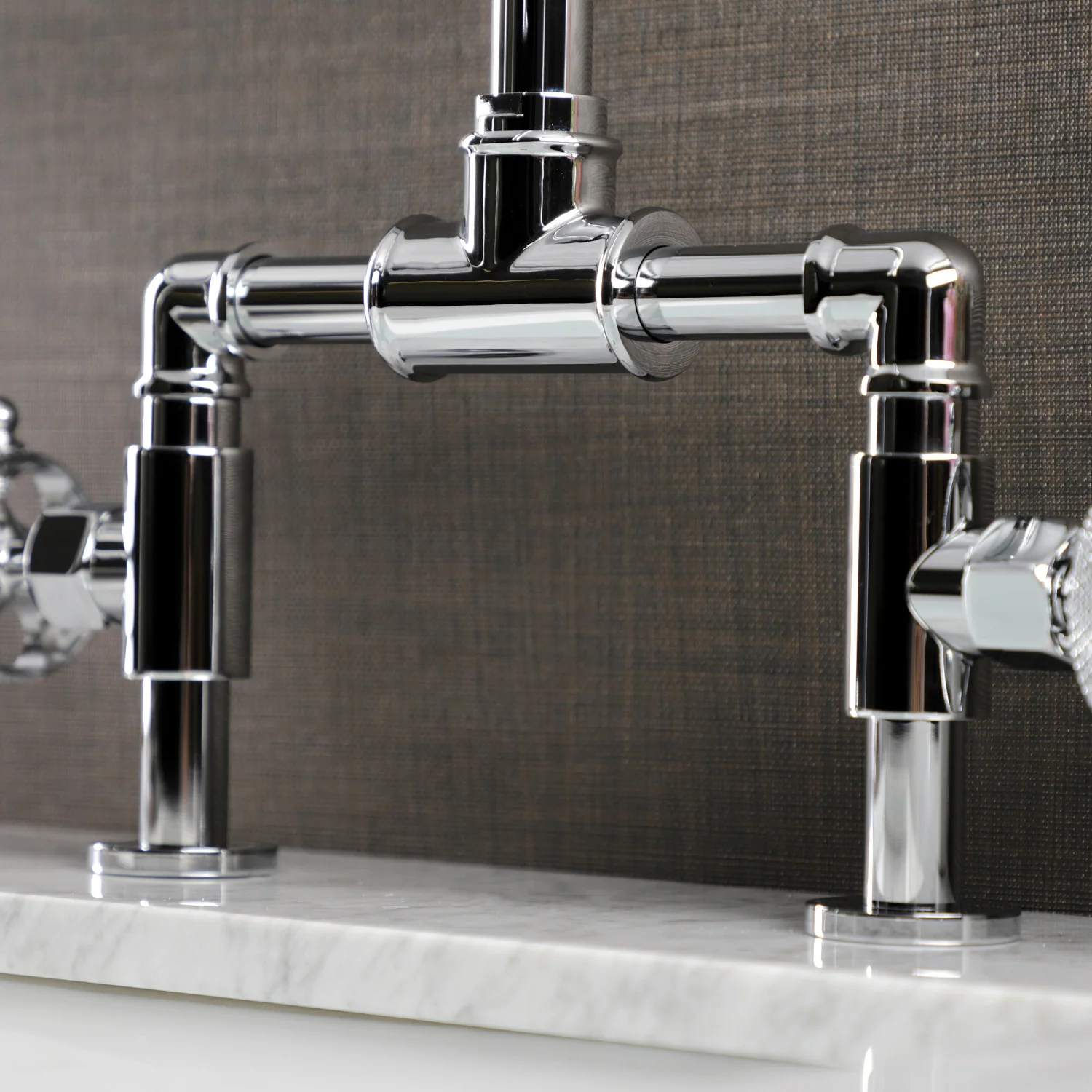 Kingston Sona KS2171RKX - Webb Two-Handle 2-Hole Deck Mount Bridge Bathroom Faucet with Knurled Handle and Push Pop-Up Drain, Polished Chrome - Image 6
