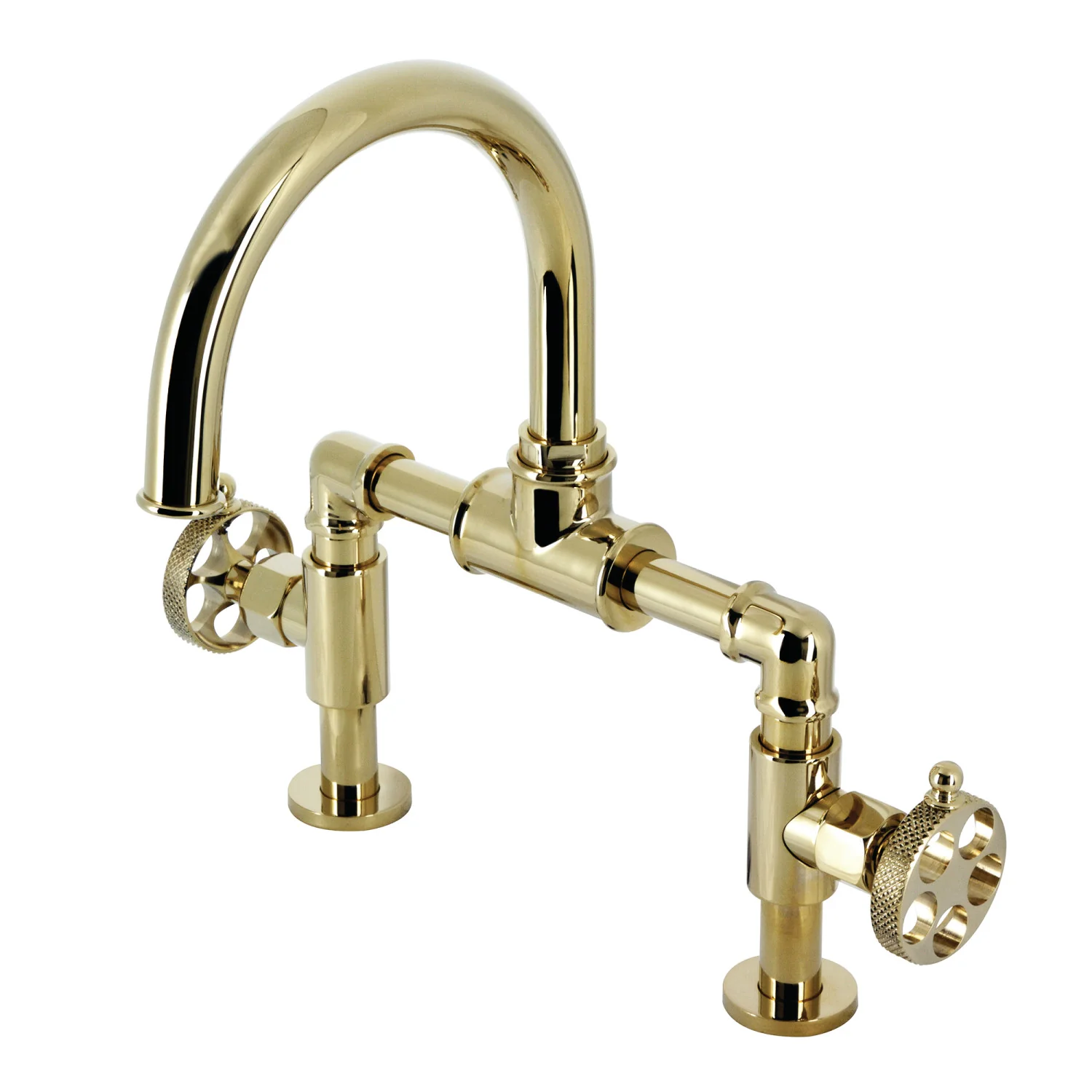 Kingston Sona KS2172RKX - Webb Two-Handle 2-Hole Deck Mount Bridge Bathroom Faucet with Knurled Handle and Push Pop-Up Drain, Polished Brass