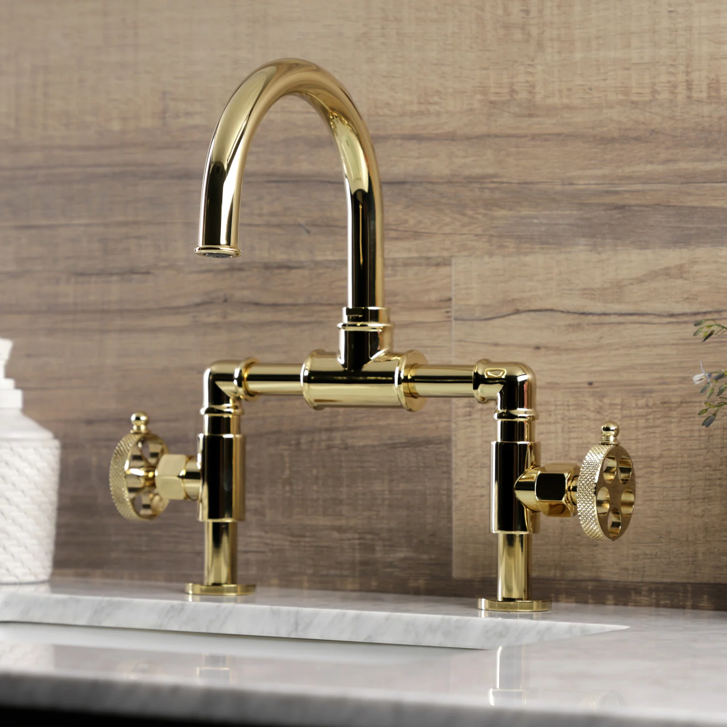 Kingston Sona KS2172RKX - Webb Two-Handle 2-Hole Deck Mount Bridge Bathroom Faucet with Knurled Handle and Push Pop-Up Drain, Polished Brass - Image 3