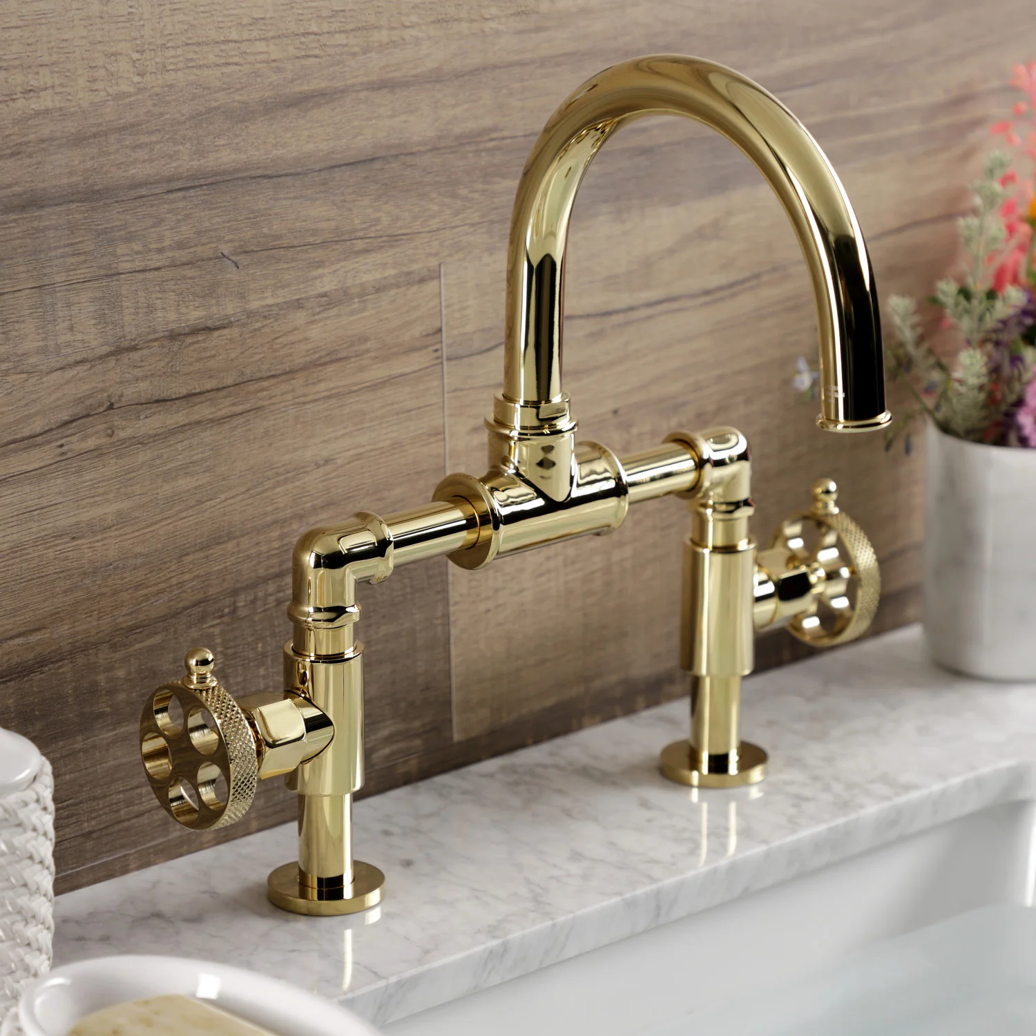 Kingston Sona KS2172RKX - Webb Two-Handle 2-Hole Deck Mount Bridge Bathroom Faucet with Knurled Handle and Push Pop-Up Drain, Polished Brass - Image 4