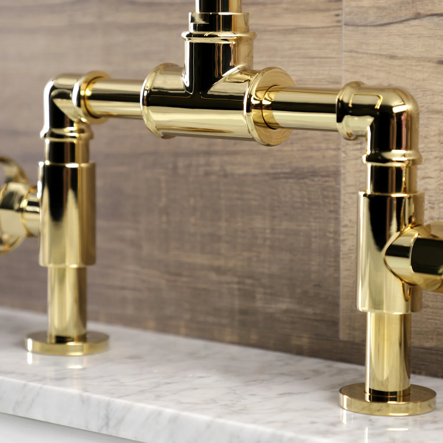 Kingston Sona KS2172RKX - Webb Two-Handle 2-Hole Deck Mount Bridge Bathroom Faucet with Knurled Handle and Push Pop-Up Drain, Polished Brass - Image 6