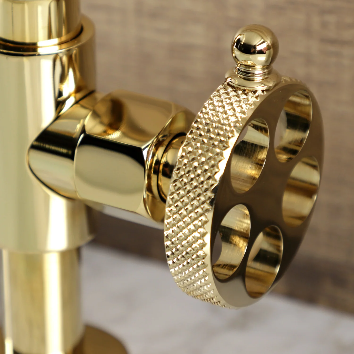 Kingston Sona KS2172RKX - Webb Two-Handle 2-Hole Deck Mount Bridge Bathroom Faucet with Knurled Handle and Push Pop-Up Drain, Polished Brass - Image 7