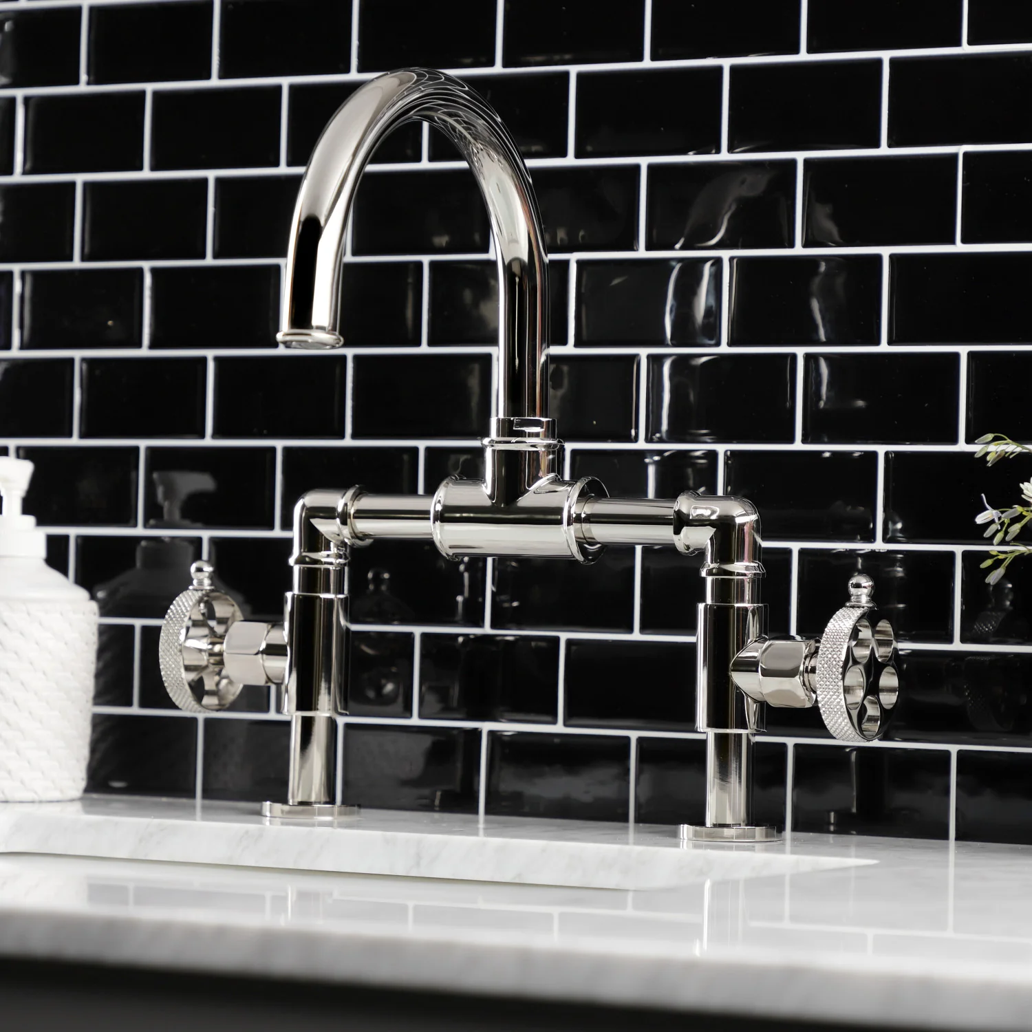 Kingston Sona KS2176RKX - Webb Two-Handle 2-Hole Deck Mount Bridge Bathroom Faucet with Knurled Handle and Push Pop-Up Drain, Polished Nickel - Image 3