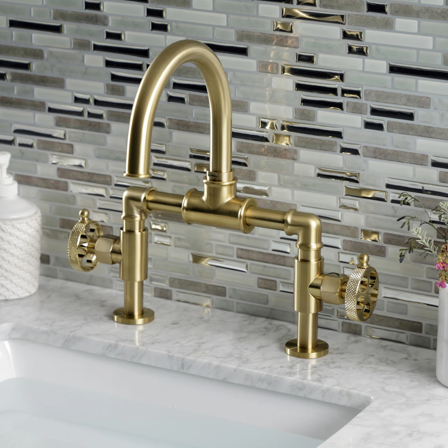 Kingston Sona KS2177RKX - Webb Two-Handle 2-Hole Deck Mount Bridge Bathroom Faucet with Knurled Handle and Push Pop-Up Drain, Brushed Brass - Image 2