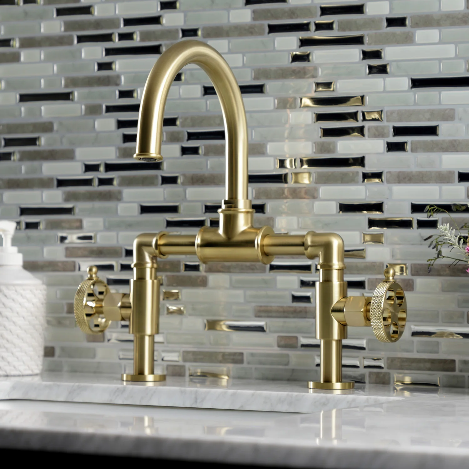 Kingston Sona KS2177RKX - Webb Two-Handle 2-Hole Deck Mount Bridge Bathroom Faucet with Knurled Handle and Push Pop-Up Drain, Brushed Brass - Image 3