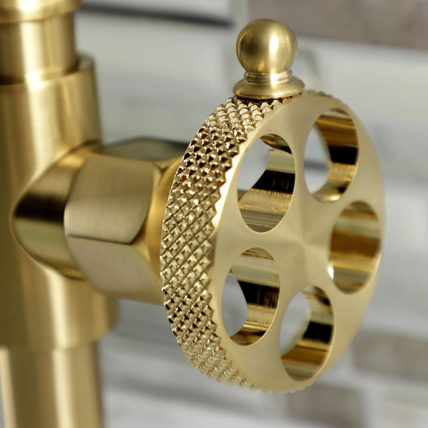 Kingston Sona KS2177RKX - Webb Two-Handle 2-Hole Deck Mount Bridge Bathroom Faucet with Knurled Handle and Push Pop-Up Drain, Brushed Brass - Image 7