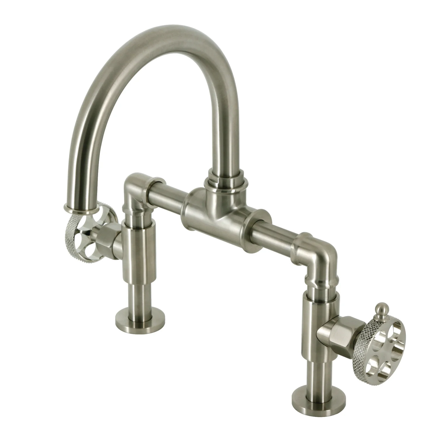 Kingston Sona KS2178RKX - Webb Two-Handle 2-Hole Deck Mount Bridge Bathroom Faucet with Knurled Handle and Push Pop-Up Drain, Brushed Nickel