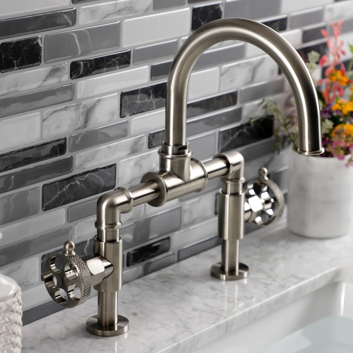 Kingston Sona KS2178RKX - Webb Two-Handle 2-Hole Deck Mount Bridge Bathroom Faucet with Knurled Handle and Push Pop-Up Drain, Brushed Nickel - Image 4