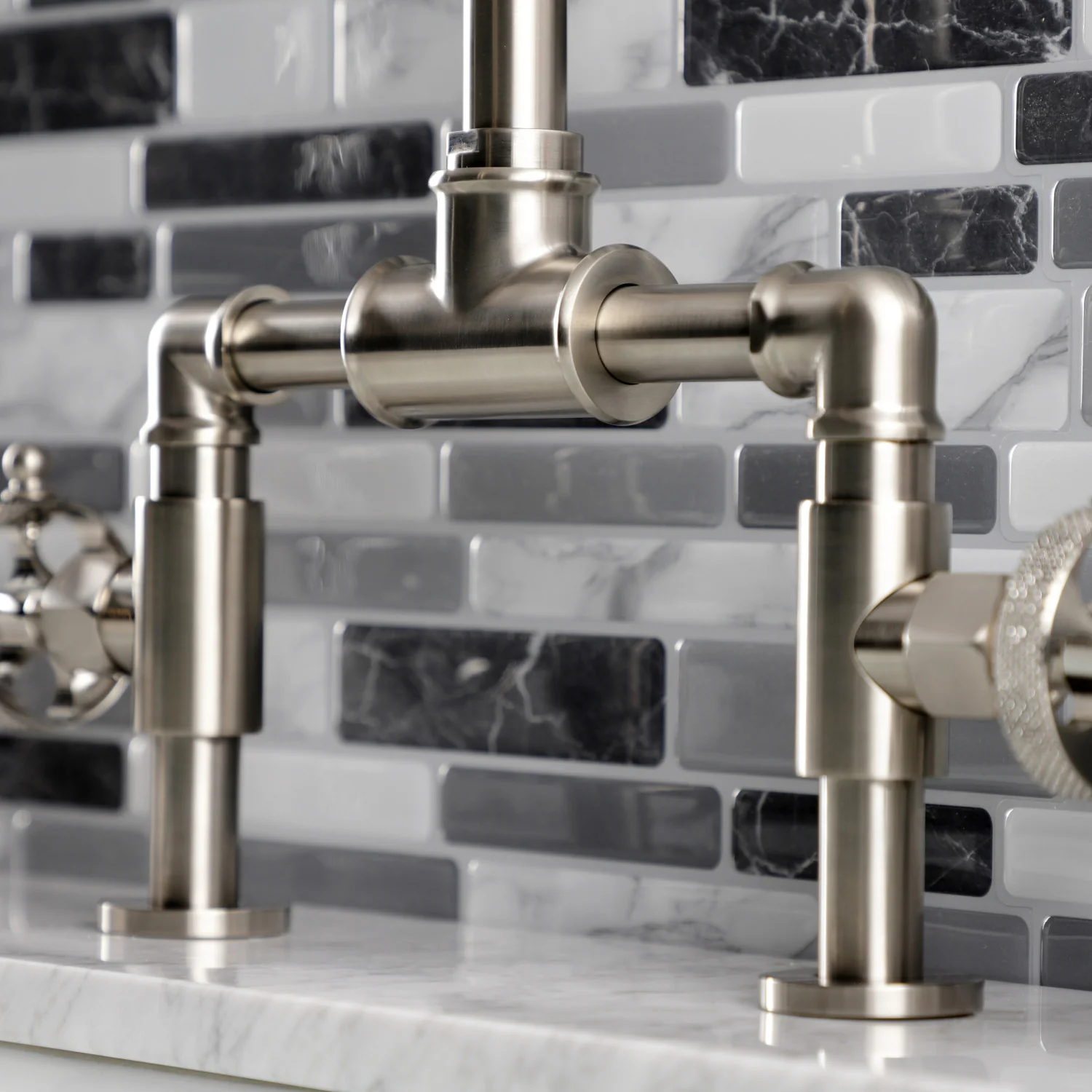 Kingston Sona KS2178RKX - Webb Two-Handle 2-Hole Deck Mount Bridge Bathroom Faucet with Knurled Handle and Push Pop-Up Drain, Brushed Nickel - Image 6