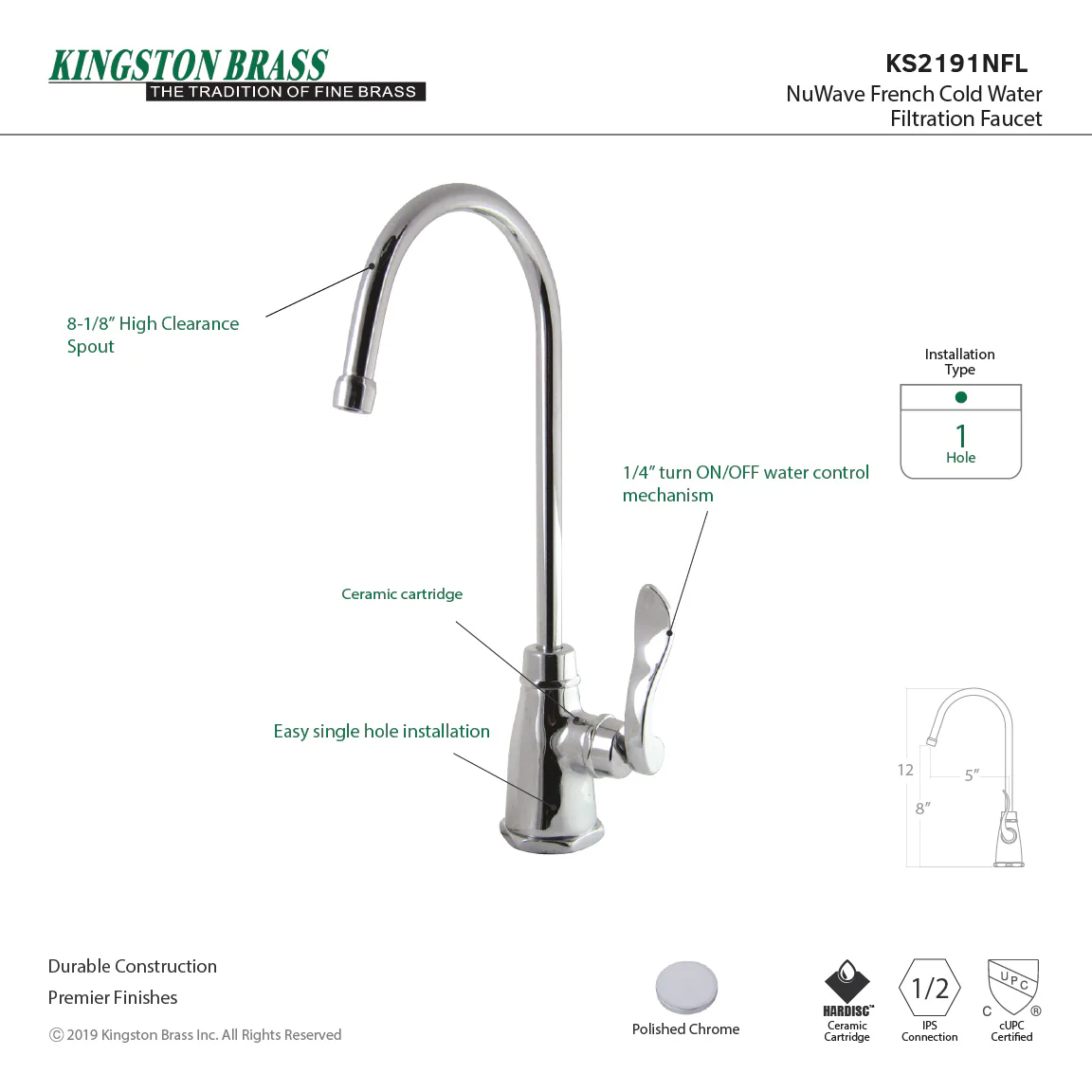 Kingston Tulare KS2191NFL - NuWave French Single-Handle 1-Hole Deck Mount Water Filtration Faucet, Polished Chrome - Image 2
