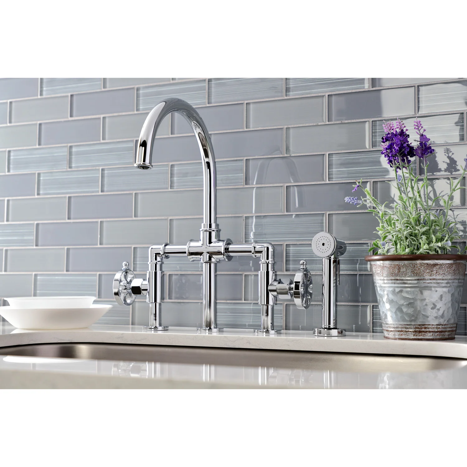 Kingston Sona KS2331RX - Belknap Two-Handle 4-Hole Deck Mount Industrial Style Bridge Kitchen Faucet with Brass Sprayer, Polished Chrome - Image 2