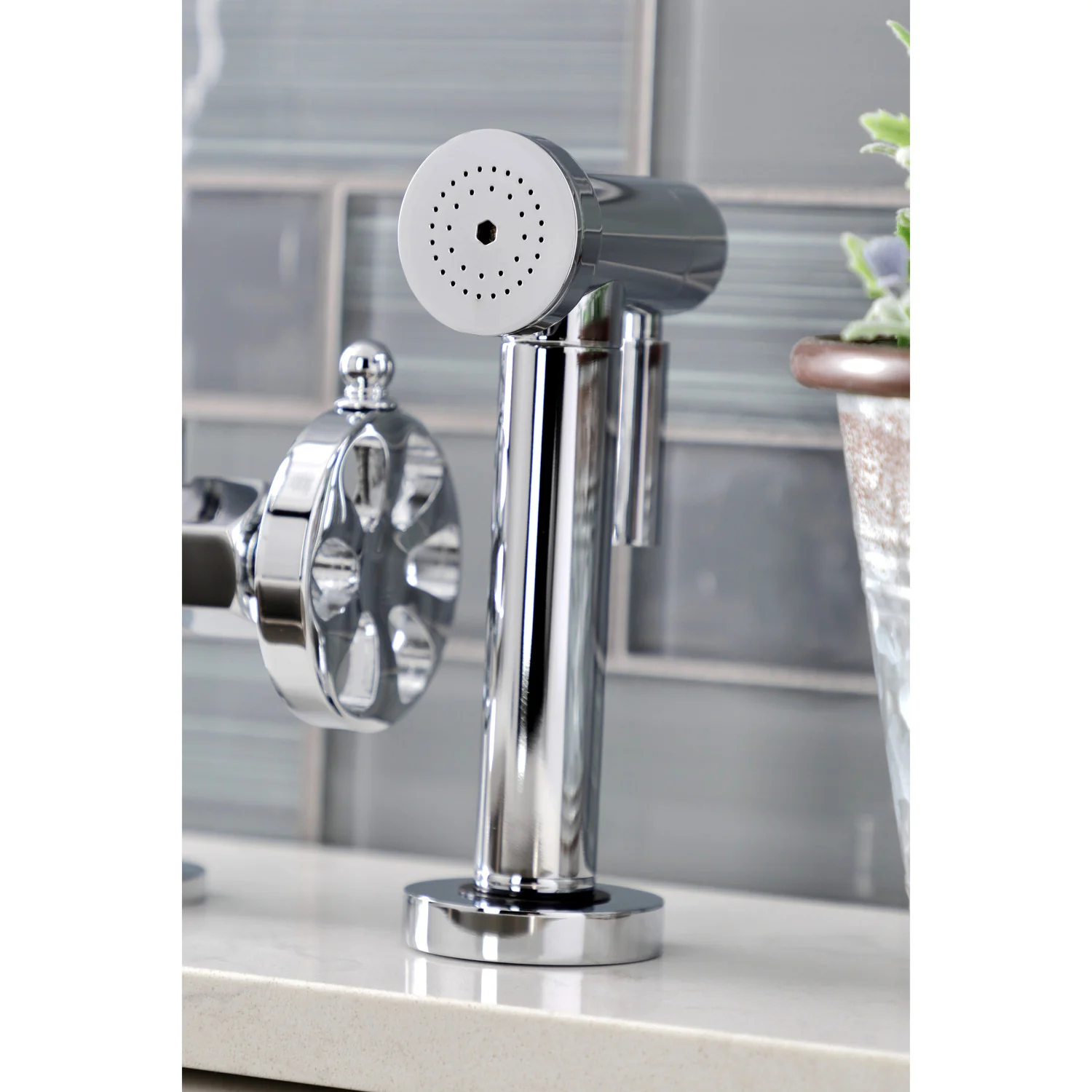 Kingston Sona KS2331RX - Belknap Two-Handle 4-Hole Deck Mount Industrial Style Bridge Kitchen Faucet with Brass Sprayer, Polished Chrome - Image 4