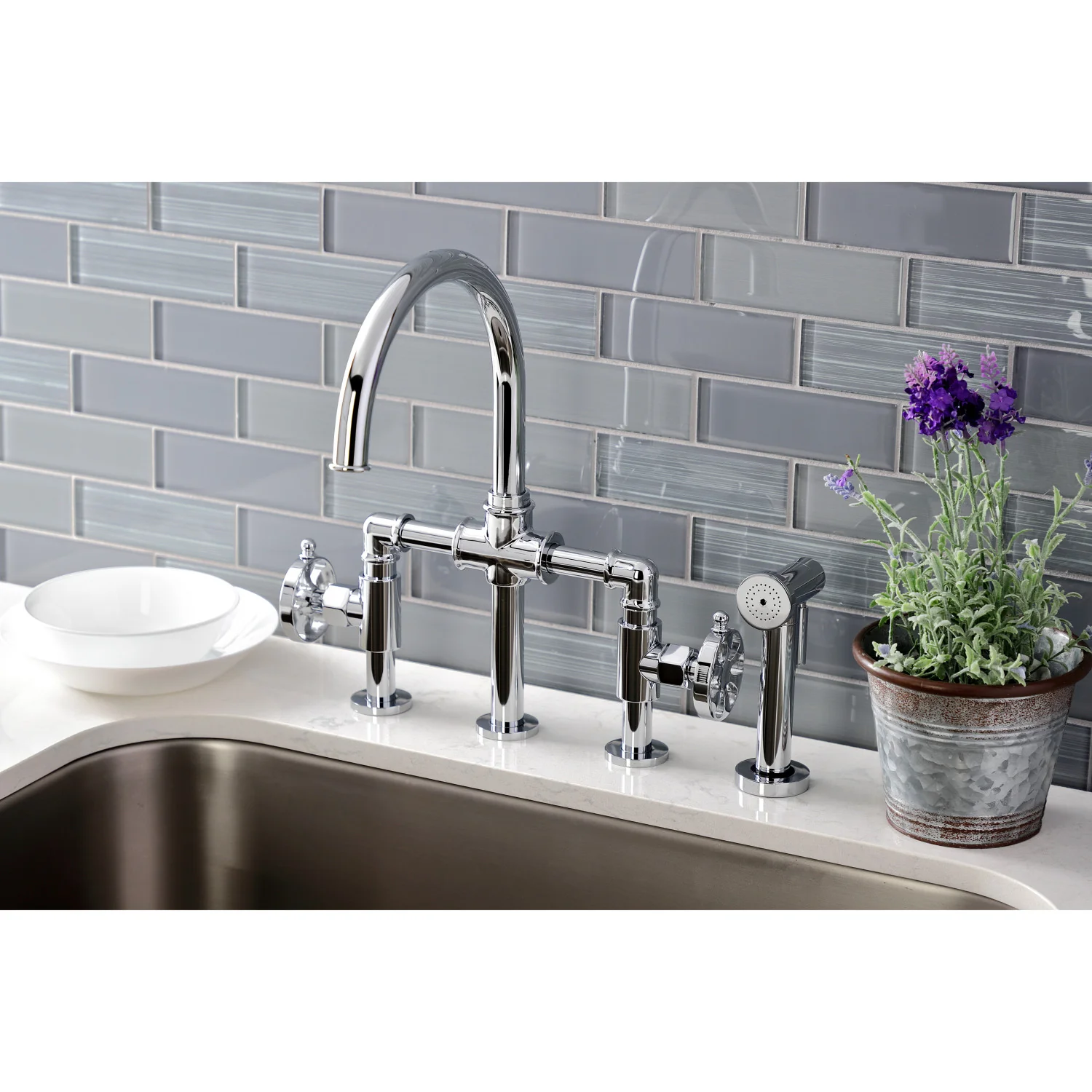 Kingston Sona KS2331RX - Belknap Two-Handle 4-Hole Deck Mount Industrial Style Bridge Kitchen Faucet with Brass Sprayer, Polished Chrome - Image 5