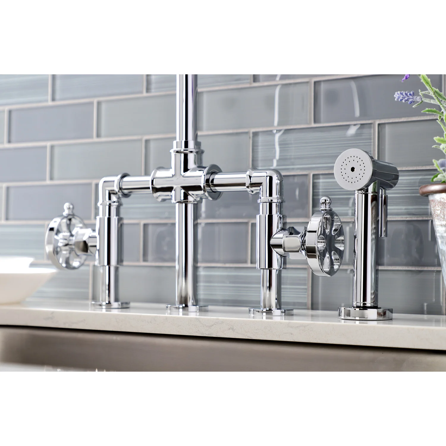 Kingston Sona KS2331RX - Belknap Two-Handle 4-Hole Deck Mount Industrial Style Bridge Kitchen Faucet with Brass Sprayer, Polished Chrome - Image 6