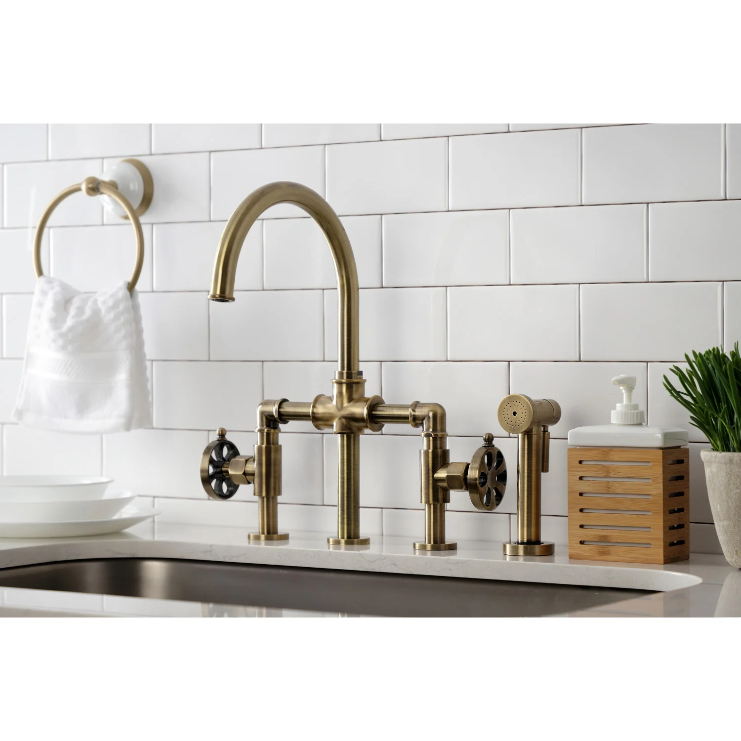 Kingston Sona KS2333RX - Belknap Two-Handle 4-Hole Deck Mount Industrial Style Bridge Kitchen Faucet with Brass Sprayer, Antique Brass - Image 2