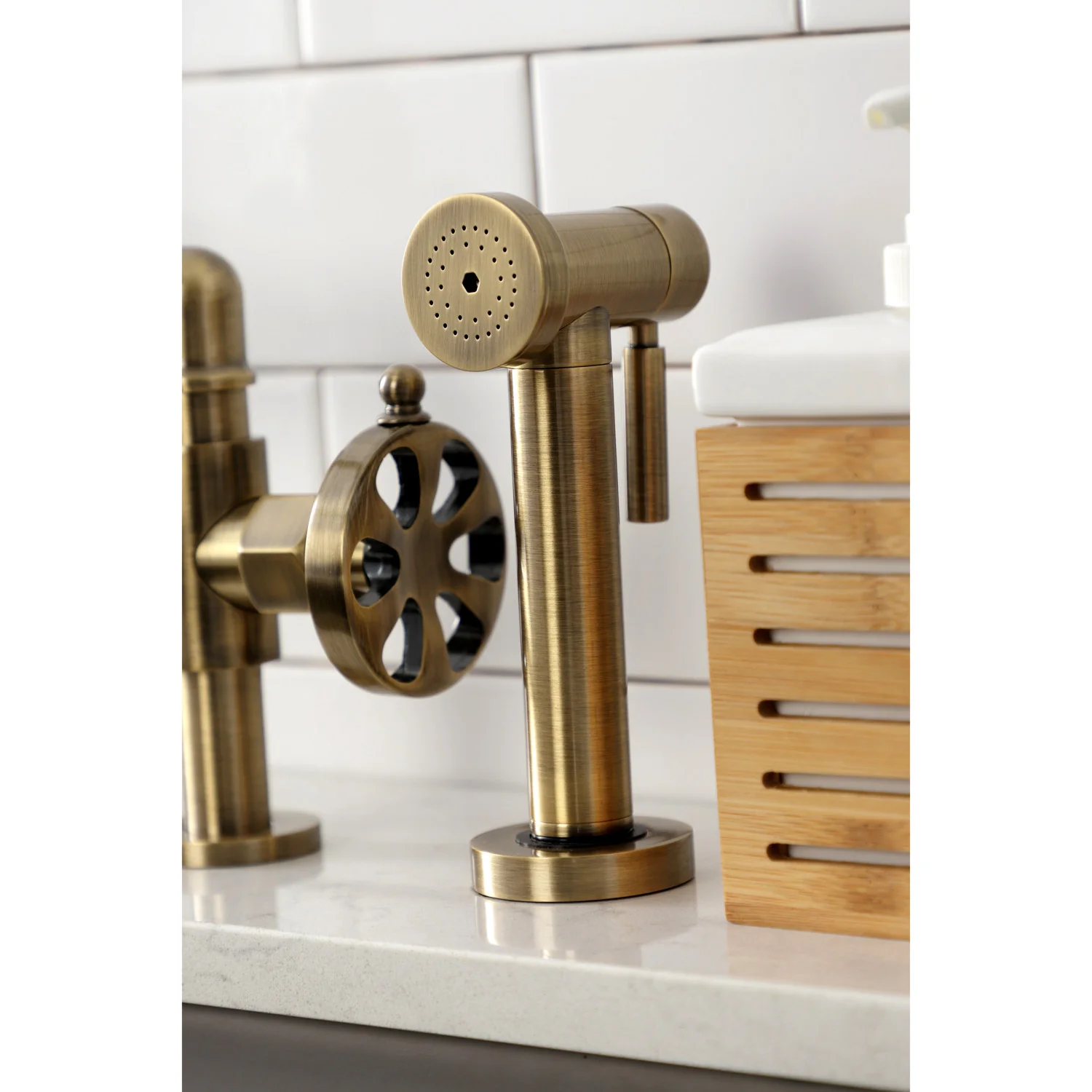 Kingston Sona KS2333RX - Belknap Two-Handle 4-Hole Deck Mount Industrial Style Bridge Kitchen Faucet with Brass Sprayer, Antique Brass - Image 3